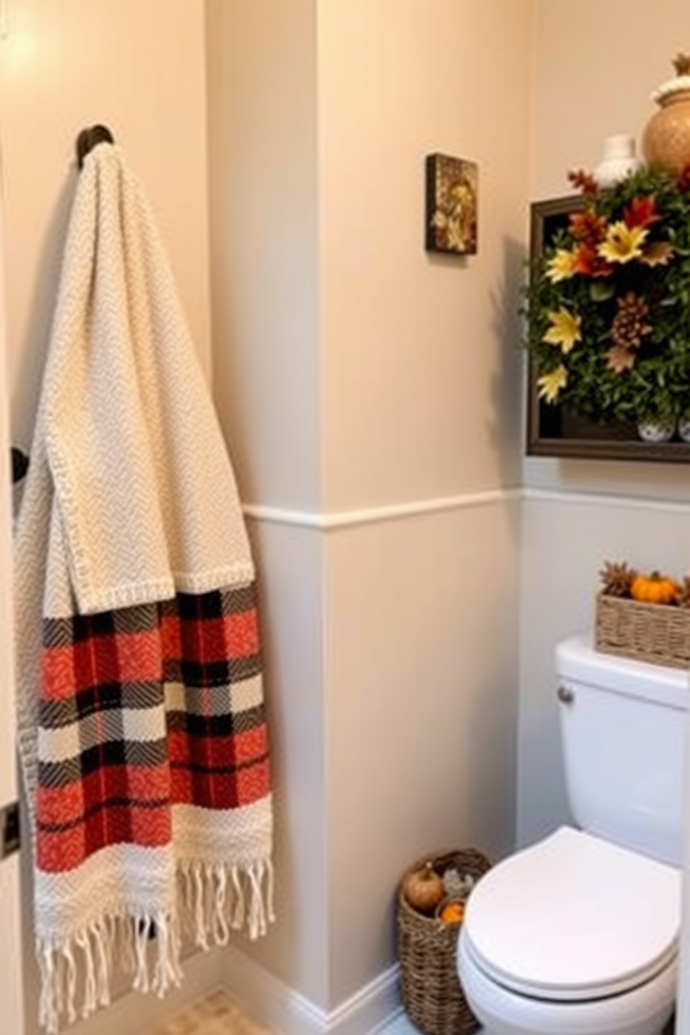 A cozy fall bathroom setting featuring warm plaid towels that add a touch of texture. The walls are adorned with autumn-themed decorations, and a small basket filled with seasonal items sits in the corner.