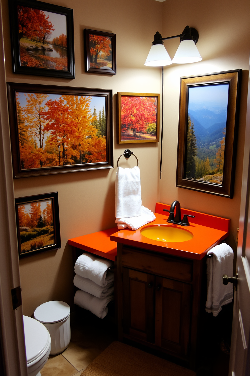 A cozy bathroom adorned with seasonal artwork featuring vibrant autumn landscapes. The walls are decorated with framed prints of colorful foliage, creating a warm and inviting atmosphere. The bathroom features a rustic wooden vanity topped with a deep orange countertop. Soft white towels are neatly arranged, and a small pumpkin centerpiece adds a festive touch to the space.