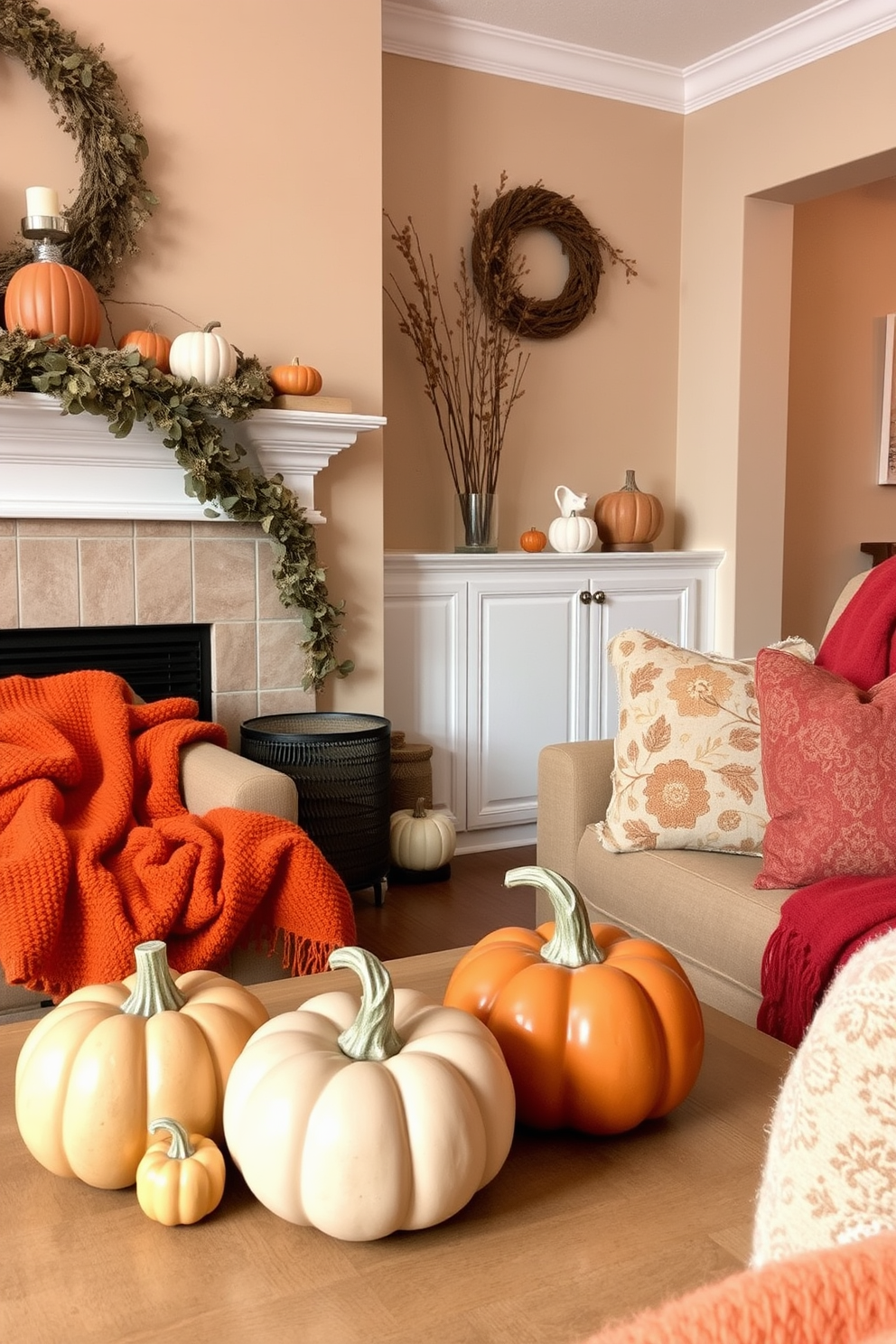 A cozy fall-themed living room adorned with ceramic pumpkins in various sizes and colors. The pumpkins are strategically placed on the coffee table and mantel, complementing the warm autumn color palette of the room. The walls are painted in a soft beige, creating a warm backdrop for the seasonal decor. Plush throw blankets in orange and deep red are draped over the sofa, inviting relaxation and comfort.