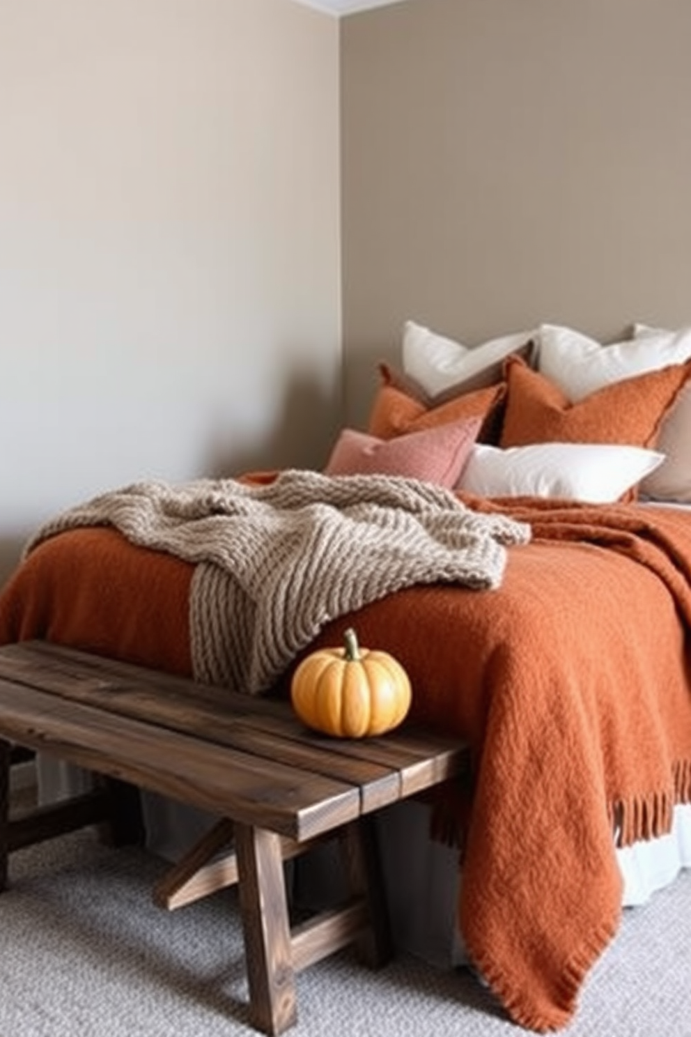 A cozy fall-themed bedroom featuring layered blankets in warm earth tones. The bed is adorned with a chunky knit throw and plush pillows, creating an inviting atmosphere. The walls are painted in a soft taupe, complementing the rich hues of the blankets. A rustic wooden bench at the foot of the bed adds charm, while a small pumpkin decorates the bedside table.