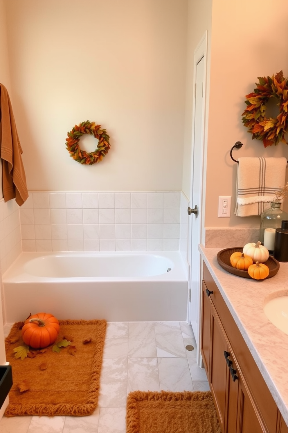 A cozy bathroom retreat featuring warm-toned bath mats that add a touch of comfort. The space is adorned with autumn-inspired decorations, including small pumpkins and leaves scattered on the countertop.