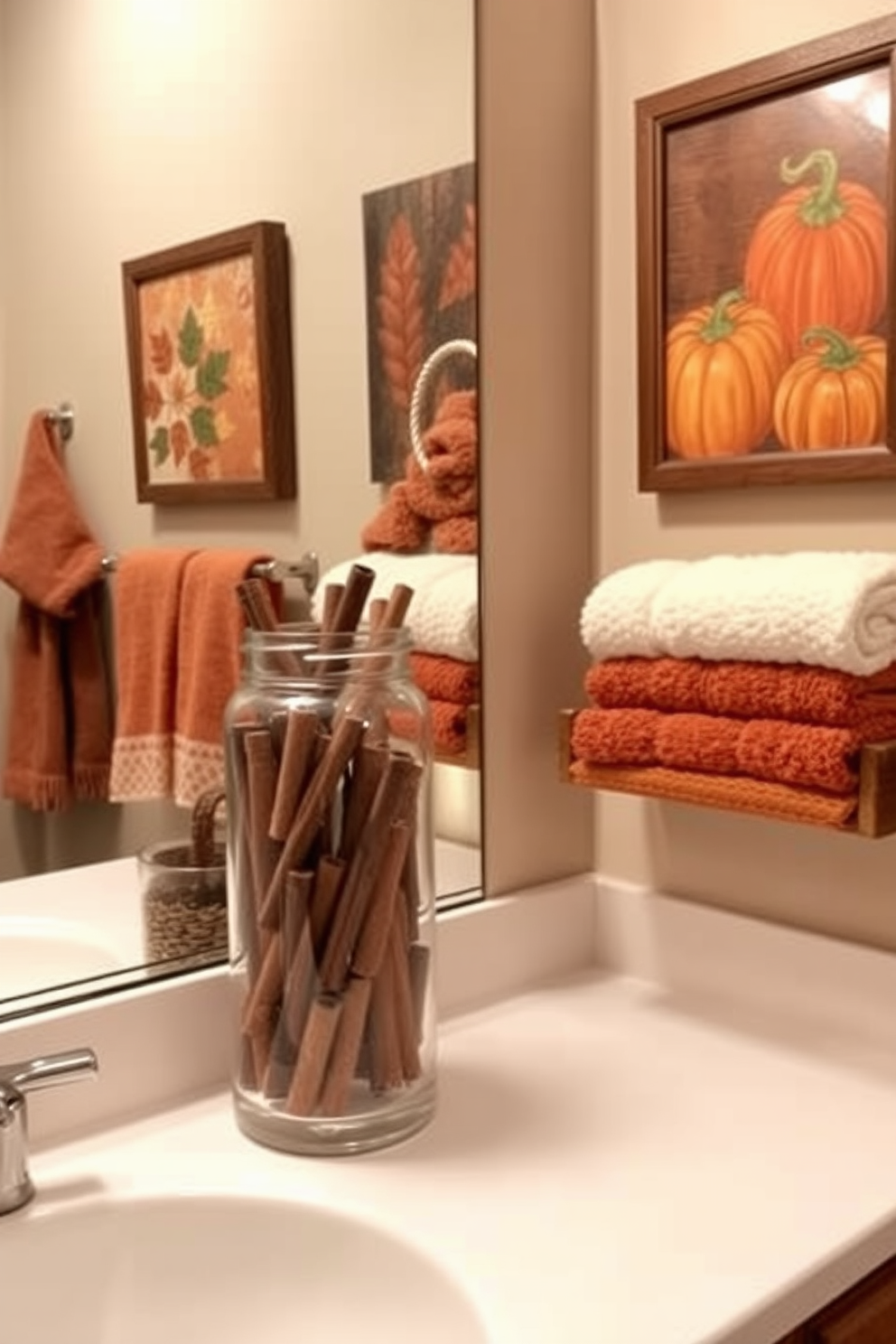 A cozy fall-inspired bathroom featuring a glass jar filled with cinnamon sticks as a centerpiece. The color palette includes warm earth tones with accents of deep orange and rustic brown throughout the decor. The walls are adorned with seasonal artwork depicting autumn leaves and pumpkins. Soft, plush towels in shades of cream and burnt orange are neatly arranged on a wooden shelf.