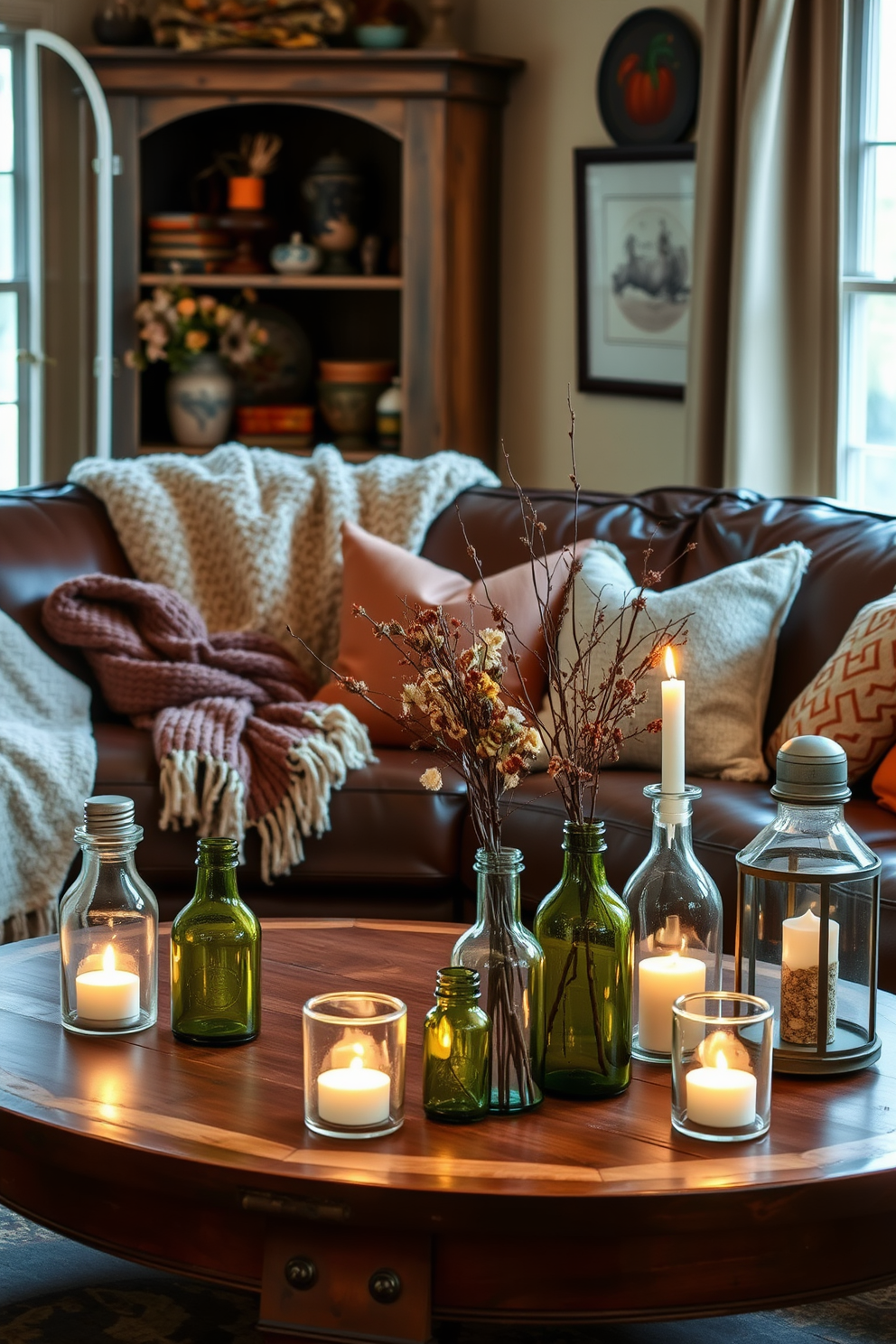 A cozy fall-themed living room adorned with vintage glass bottles that evoke a rustic charm. The warm hues of autumn are reflected in the plush throw blankets and decorative pillows scattered on a deep brown leather sofa. A wooden coffee table features an arrangement of small glass bottles filled with dried flowers and twigs. Soft candlelight flickers from nearby lanterns, creating an inviting atmosphere perfect for the season.