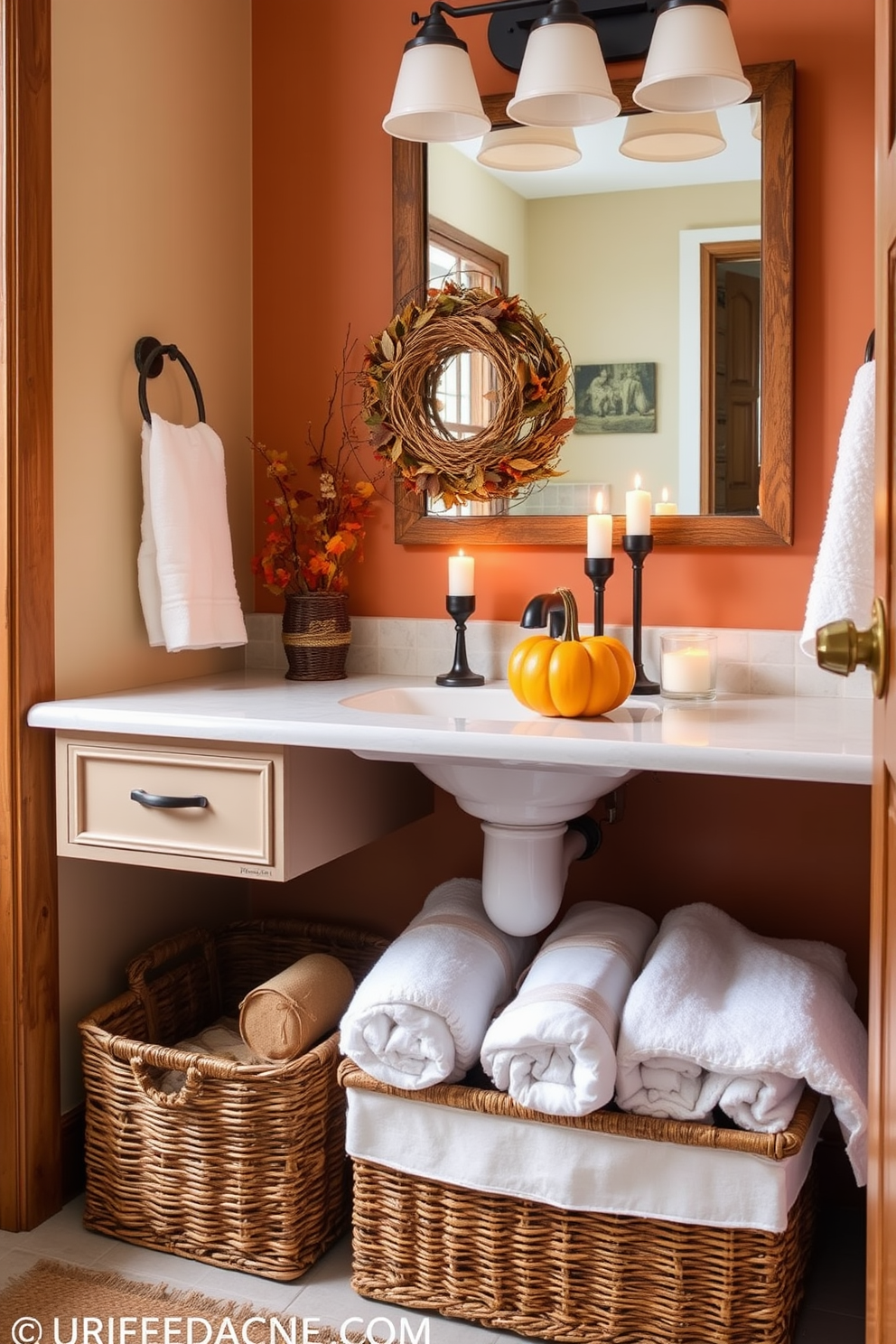 A cozy fall-themed bathroom featuring woven baskets for stylish storage solutions. The baskets are arranged neatly under the vanity, filled with plush towels and seasonal decorations. The walls are adorned with warm autumn colors, complemented by rustic wooden accents. A few decorative pumpkins are placed on the countertop alongside scented candles for an inviting atmosphere.