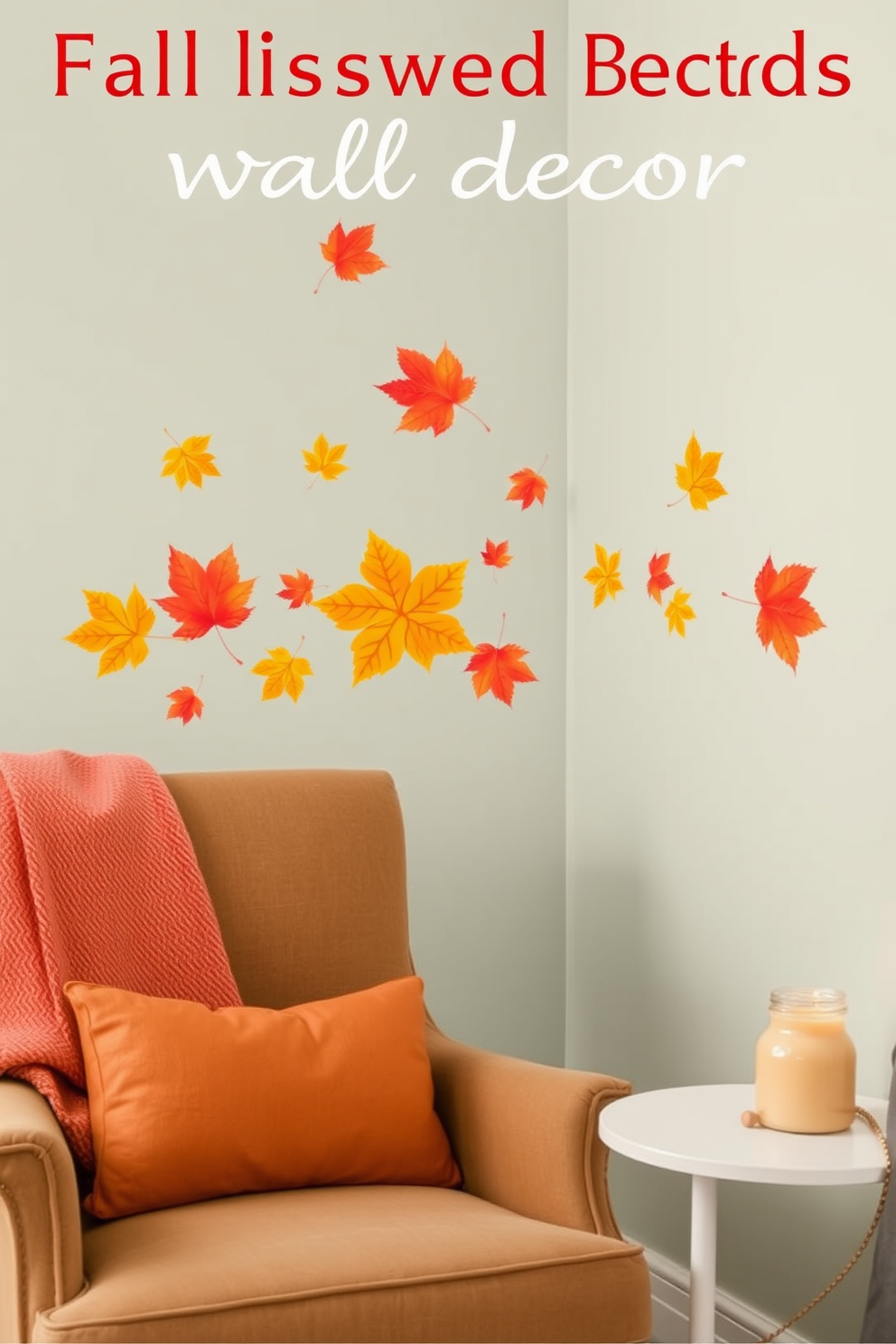 Fall inspired wall decals for easy decor. The decals feature vibrant autumn leaves in shades of orange, yellow, and red, creating a warm and inviting atmosphere. The wall behind a cozy reading nook is adorned with these decals, complemented by a plush armchair and a soft throw blanket. A small side table holds a pumpkin spice candle, enhancing the seasonal ambiance.