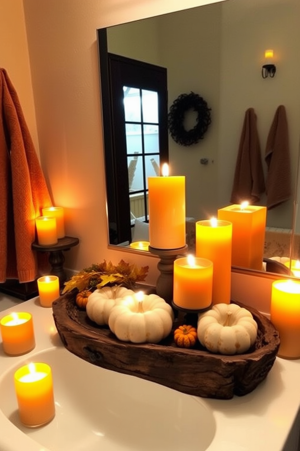 A cozy fall bathroom setting featuring candles in warm amber tones scattered throughout the space. The flickering glow of the candles illuminates the room, creating a serene and inviting atmosphere. Decorative elements include soft, plush towels in rich earth tones and a rustic wooden tray to hold the candles. Accents of seasonal foliage and small pumpkins enhance the warm, autumnal feel of the decor.