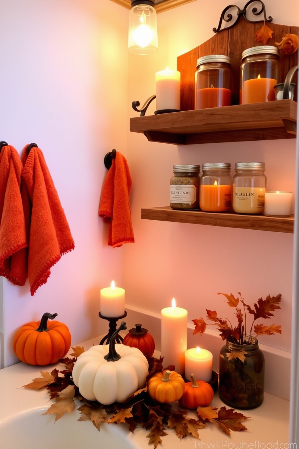 A cozy bathroom adorned with pumpkin spice scented candles creating a warm and inviting ambiance. The decor features autumn-themed accents such as small pumpkins and dried leaves arranged on the countertop. Soft orange and brown towels hang neatly, complementing the seasonal theme. A rustic wooden shelf displays decorative jars filled with bath essentials, enhancing the fall-inspired atmosphere.