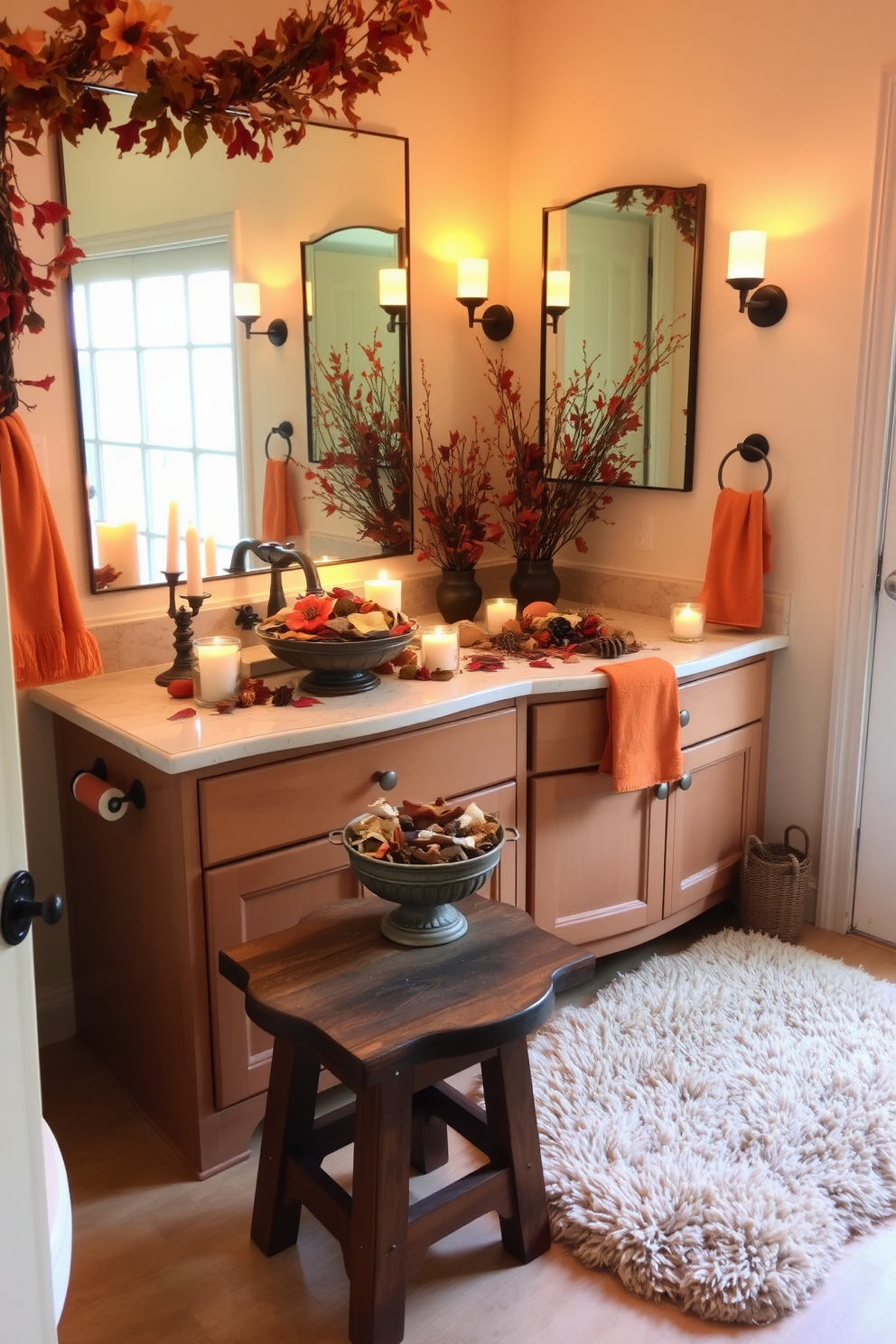 A cozy bathroom adorned with autumnal potpourri creating a fragrant atmosphere. The space features warm tones with orange and brown accents, complemented by soft candlelight. Decorative bowls filled with dried leaves and spices are placed strategically on the vanity. A plush beige rug lies beneath a wooden stool, enhancing the inviting ambiance of the fall season.