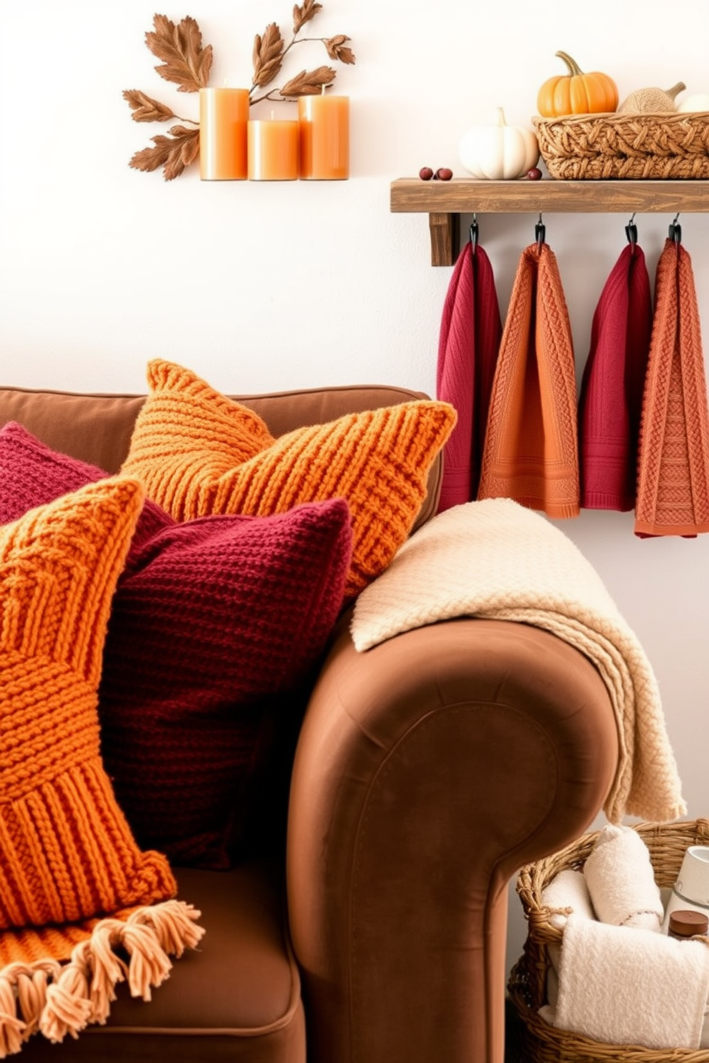 Textured throw pillows in various shades of orange and burgundy are scattered across a plush, deep brown sofa, creating a warm and inviting atmosphere. A cozy knitted throw blanket drapes over the armrest, adding an extra layer of comfort to the space. For fall bathroom decorating ideas, a rustic wooden shelf displays an arrangement of candles in warm autumn hues, complemented by small pumpkins and dried leaves. Soft, fluffy towels in earthy tones hang neatly, while a woven basket holds bath essentials, enhancing the seasonal charm.