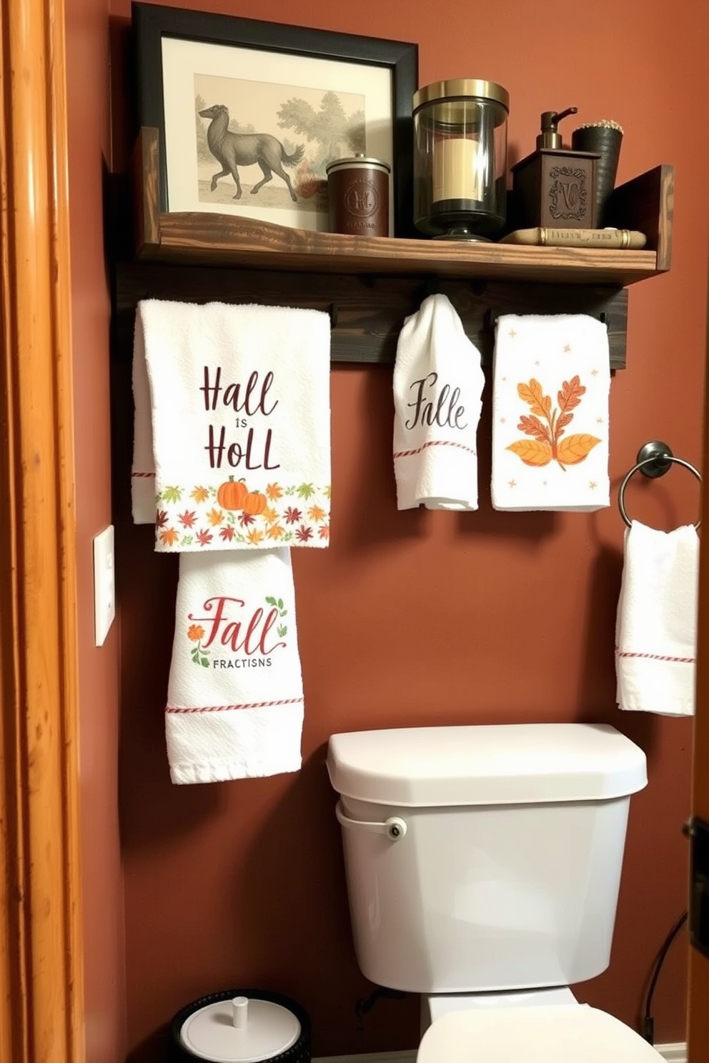 A cozy fall bathroom setting featuring seasonal hand towels adorned with festive prints. The walls are painted in warm earthy tones, and a rustic wooden shelf displays autumn-themed decor items.