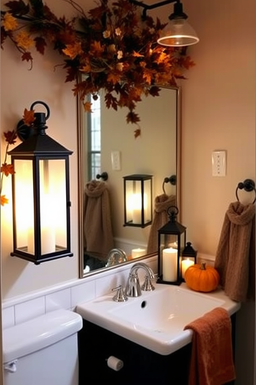 A cozy fall bathroom setting featuring decorative lanterns that cast a warm, soft glow throughout the space. The walls are adorned with seasonal decor, incorporating rich autumn colors and textures that evoke a sense of comfort and tranquility.