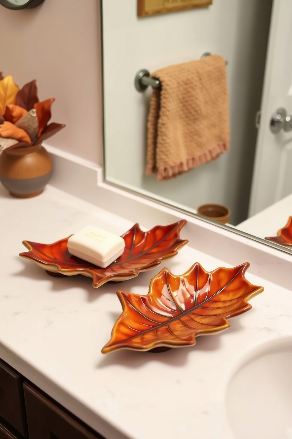 A serene fall bathroom setting featuring leaf-shaped dishes crafted from ceramic placed on the countertop. The dishes are adorned with warm autumn colors, perfect for holding soap or trinkets, while a cozy, textured towel in earth tones hangs nearby.