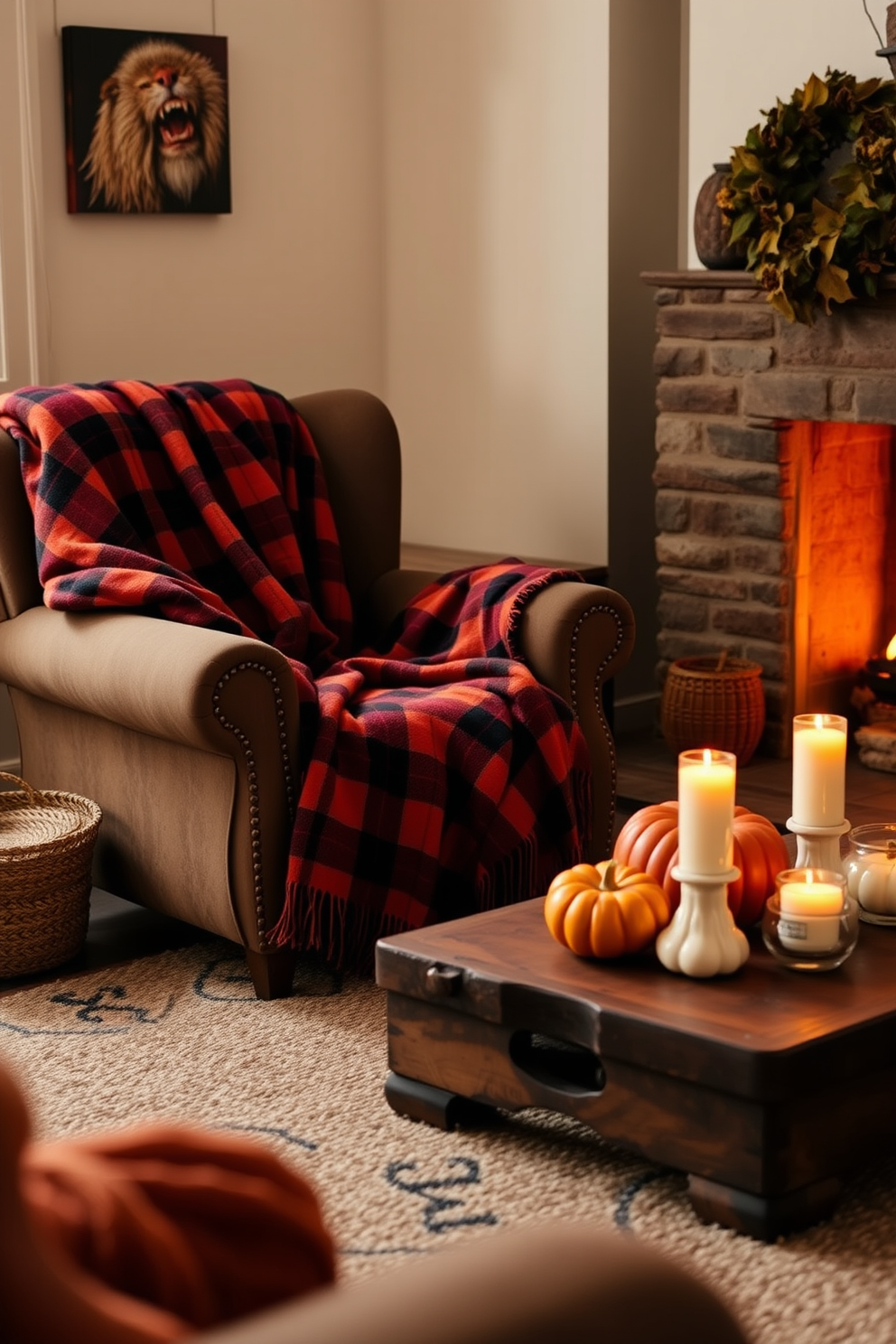 Cozy plaid throws are draped over a plush armchair, inviting warmth and comfort into the space. Soft, ambient lighting enhances the autumnal atmosphere, creating a perfect reading nook. Rich, earthy tones dominate the decor, with deep oranges and browns reflecting the fall season. A rustic wooden coffee table is adorned with seasonal decorations like small pumpkins and scented candles.