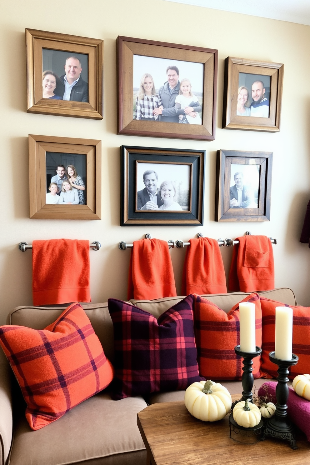 A cozy living room featuring rustic picture frames showcasing family photos. The frames are made of reclaimed wood and are arranged in a gallery wall above a comfortable sofa adorned with plaid throw pillows. For fall bathroom decorating ideas, imagine a warm and inviting space filled with autumnal accents. Soft orange and deep burgundy towels are hung neatly, while small pumpkins and candles are artfully placed on the vanity for a seasonal touch.