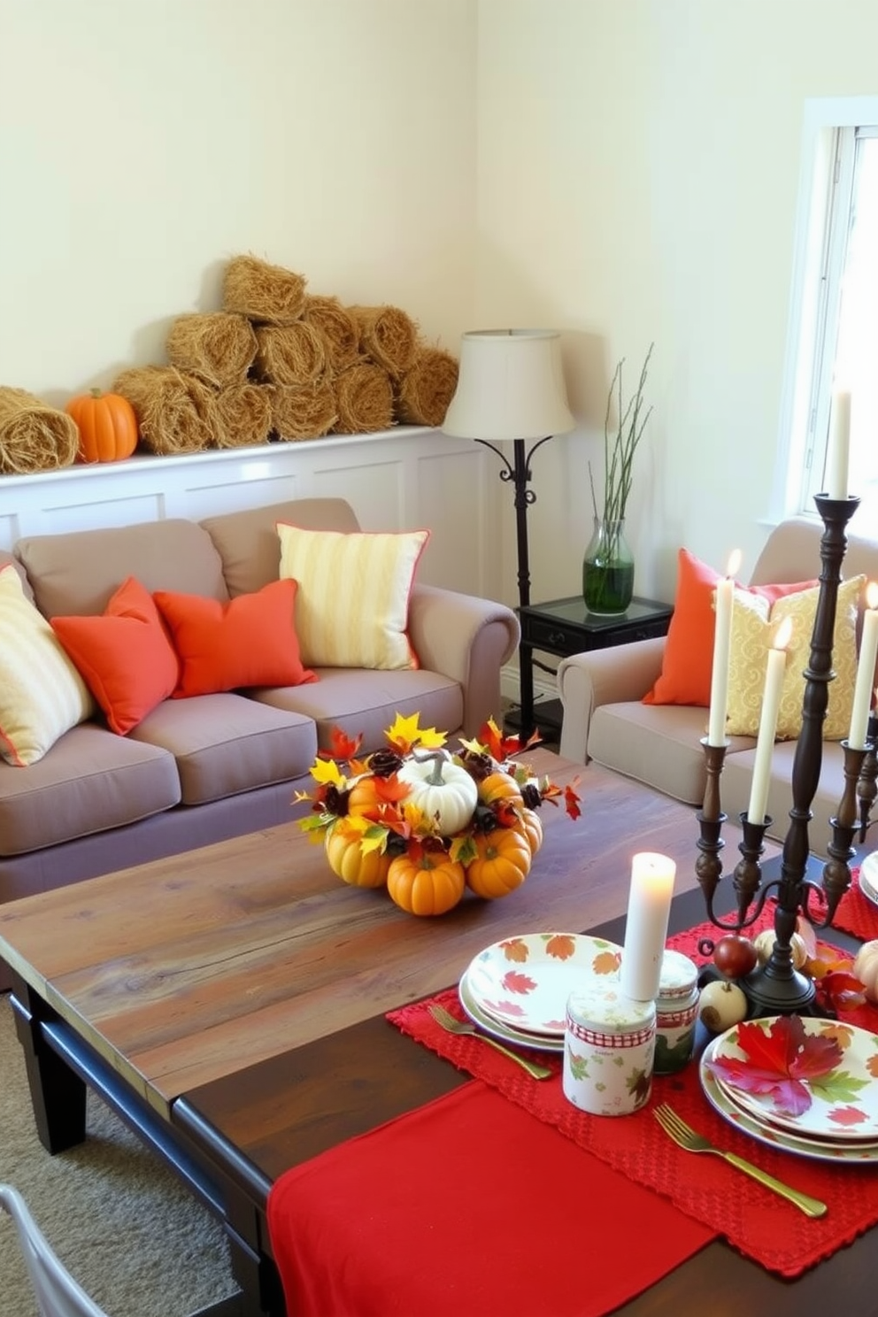 A cozy fall-themed living room features miniature hay bales arranged playfully in the corner. Soft orange and yellow throw pillows adorn the couch, while a rustic wooden coffee table holds a centerpiece of pumpkins and autumn leaves. A charming dining area showcases a table set with seasonal decorations. Brightly colored table runners and plates with leaf patterns create a festive atmosphere, complemented by warm candlelight.