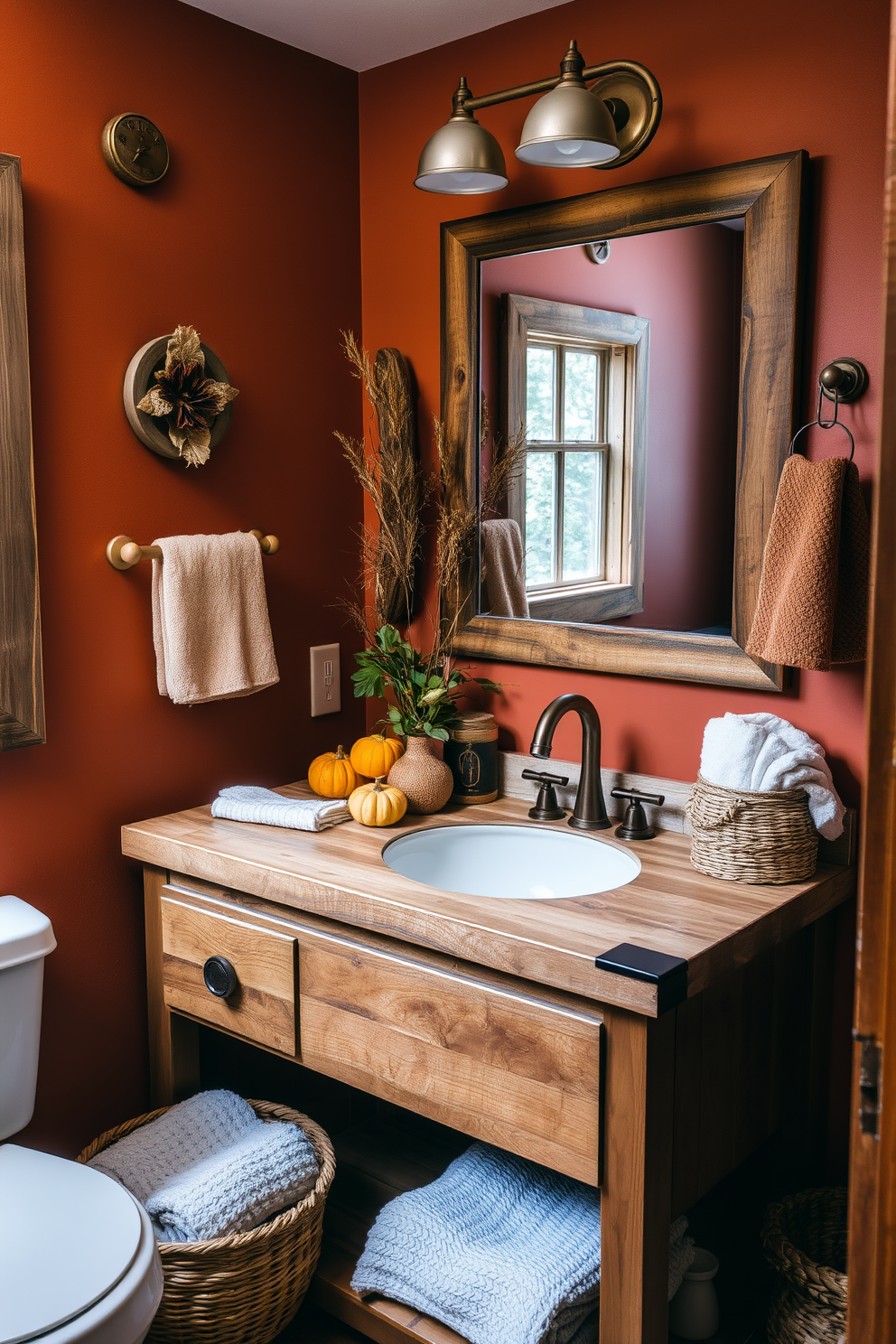 A cozy fall-inspired bathroom featuring warm copper fixtures that enhance the rustic vibe. The space includes a reclaimed wood vanity with a deep sink, surrounded by autumn-themed decor like small pumpkins and dried leaves. The walls are painted in a rich terracotta hue, complemented by natural wood accents and a woven basket for towels. Soft, plush textiles in warm tones add comfort, while a large mirror reflects the inviting atmosphere of the room.