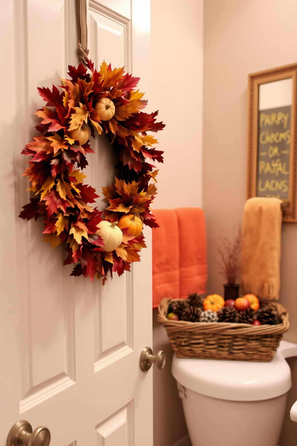 A seasonal wreath made of vibrant autumn leaves and small pumpkins adorns the bathroom door, welcoming guests with a touch of seasonal charm. The rich colors of the wreath complement the warm tones of the bathroom decor, creating a cozy atmosphere. Inside, the bathroom features soft, neutral tones with accents of deep orange and burgundy, reflecting the essence of fall. Plush towels in warm hues are neatly arranged, and a decorative basket filled with pinecones and seasonal fruits adds a rustic touch to the space.