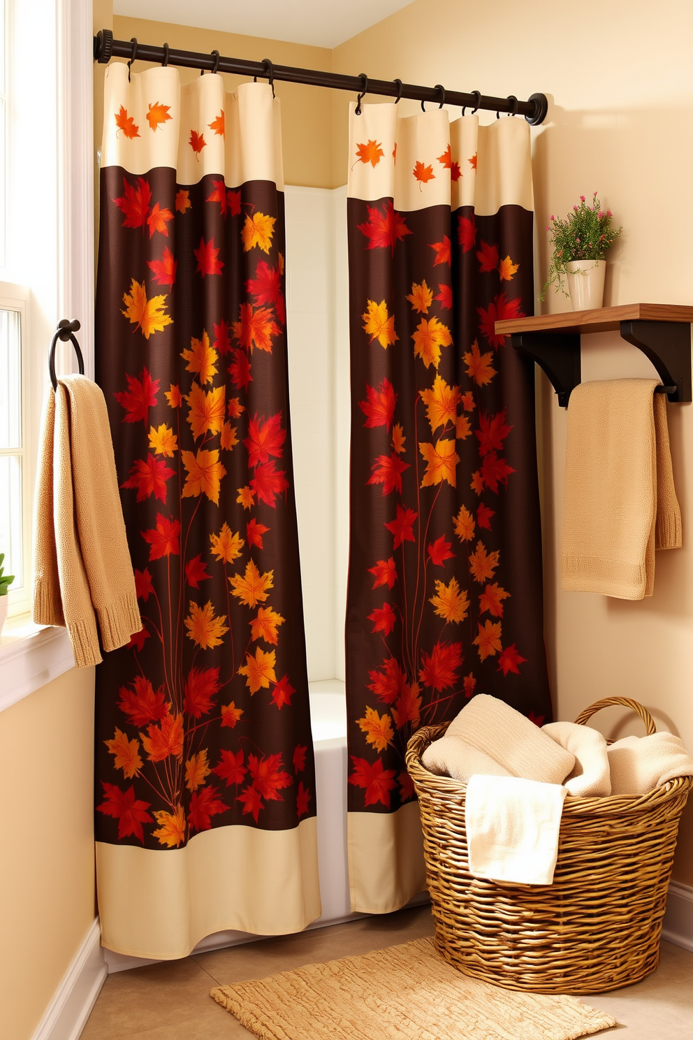 A cozy bathroom adorned with an autumn-themed shower curtain featuring vibrant leaves in shades of orange, yellow, and red. The curtain complements a rustic wooden towel rack and a small potted plant on the windowsill, adding warmth to the space. The walls are painted in a soft beige tone, enhancing the seasonal decor. A woven basket filled with plush towels sits in the corner, inviting comfort and style to your fall bathroom.