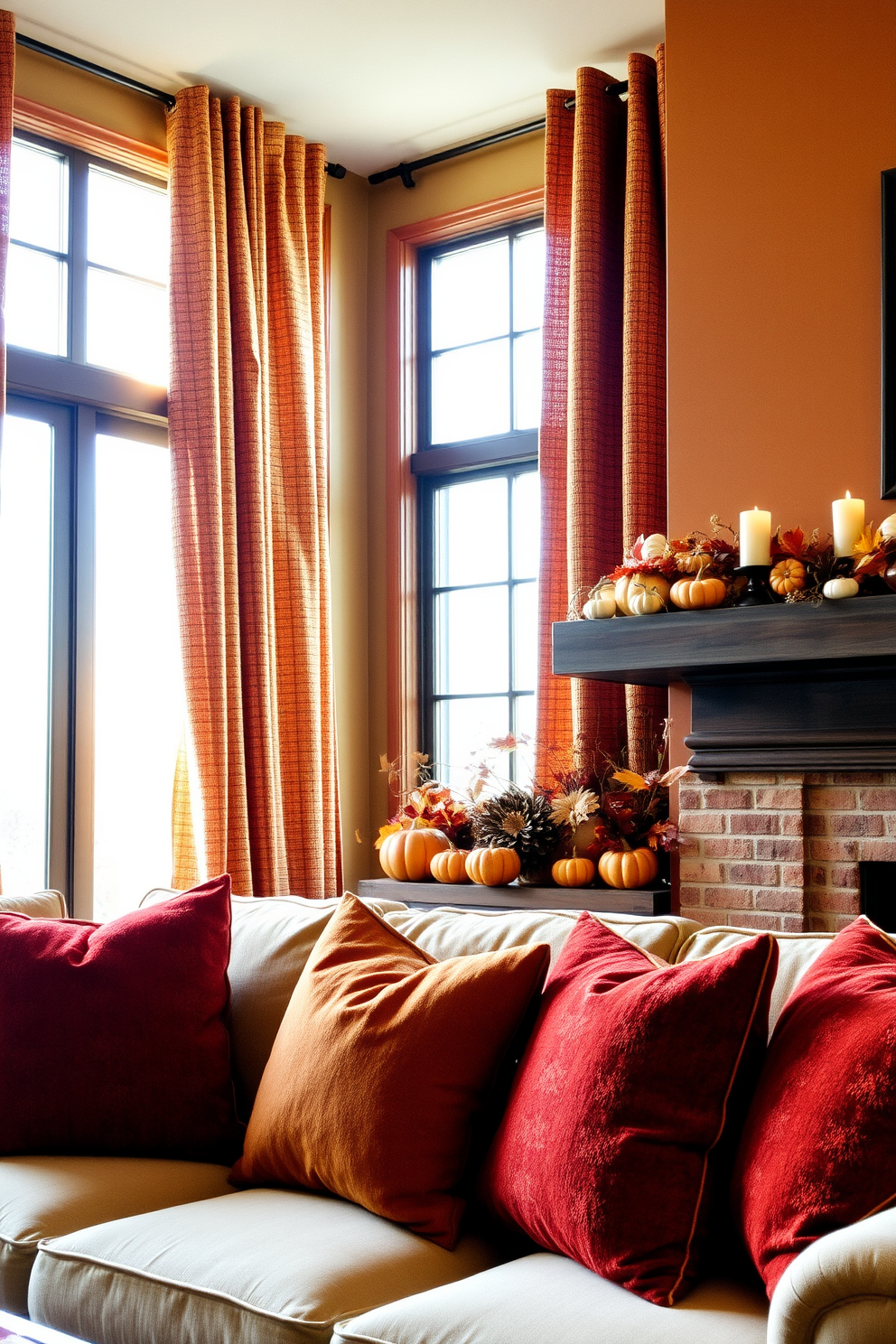 Textured curtains in warm earth tones frame a large window, allowing soft sunlight to filter into the cozy space. The curtains complement the rich, earthy palette of the room, enhancing the inviting atmosphere. A beautifully arranged display of autumn-themed decorations adorns the mantel, featuring pumpkins and seasonal foliage. Plush throw pillows in deep oranges and browns invite relaxation on the inviting sofa.