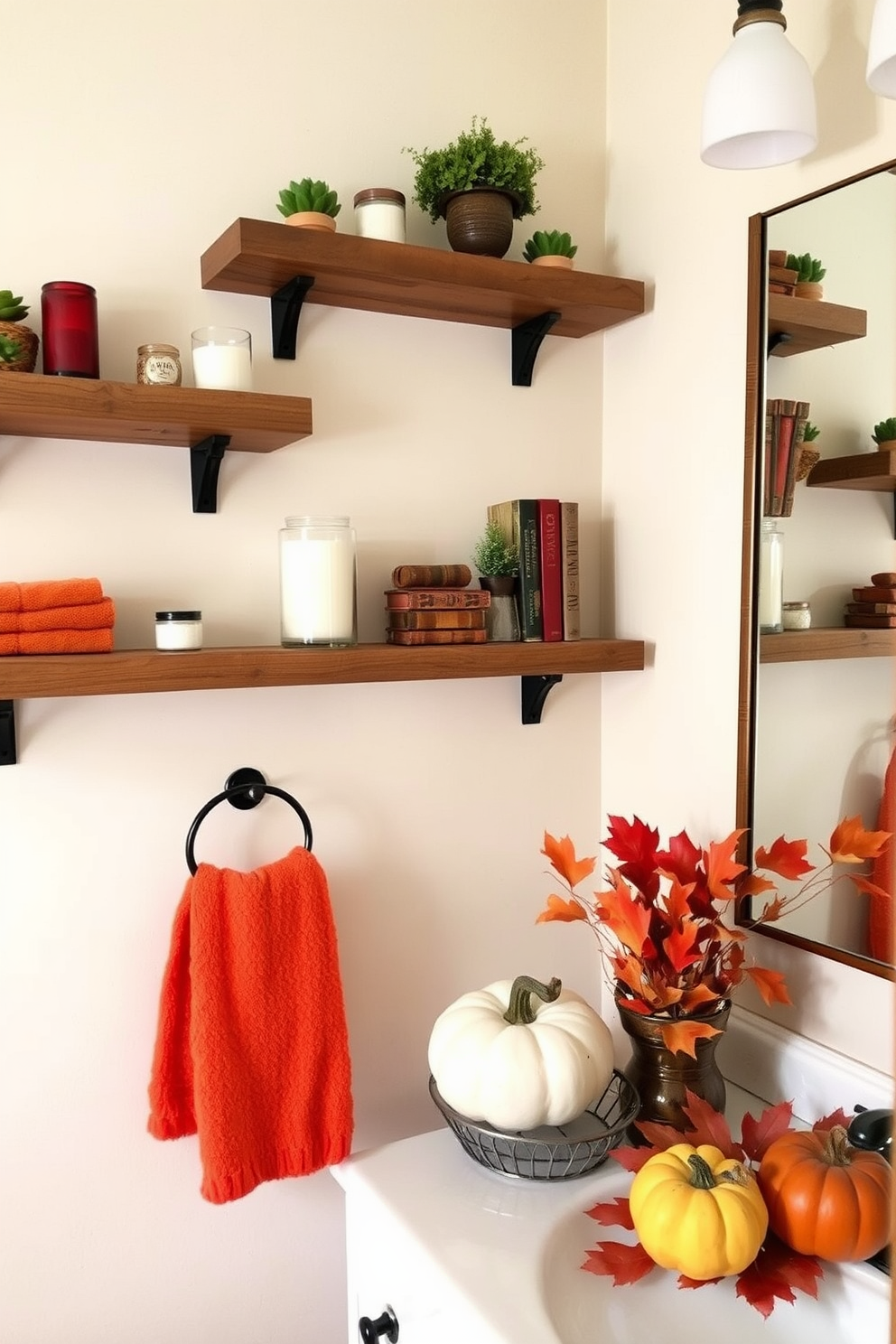 Rustic wooden shelves are mounted on the wall, showcasing an array of decorative items such as candles, small plants, and vintage books. The shelves are crafted from reclaimed wood, adding warmth and character to the space. The bathroom features autumn-inspired decor with rich orange and deep red accents. Soft, plush towels in warm hues are neatly arranged, and a seasonal centerpiece with pumpkins and dried leaves sits on the countertop.