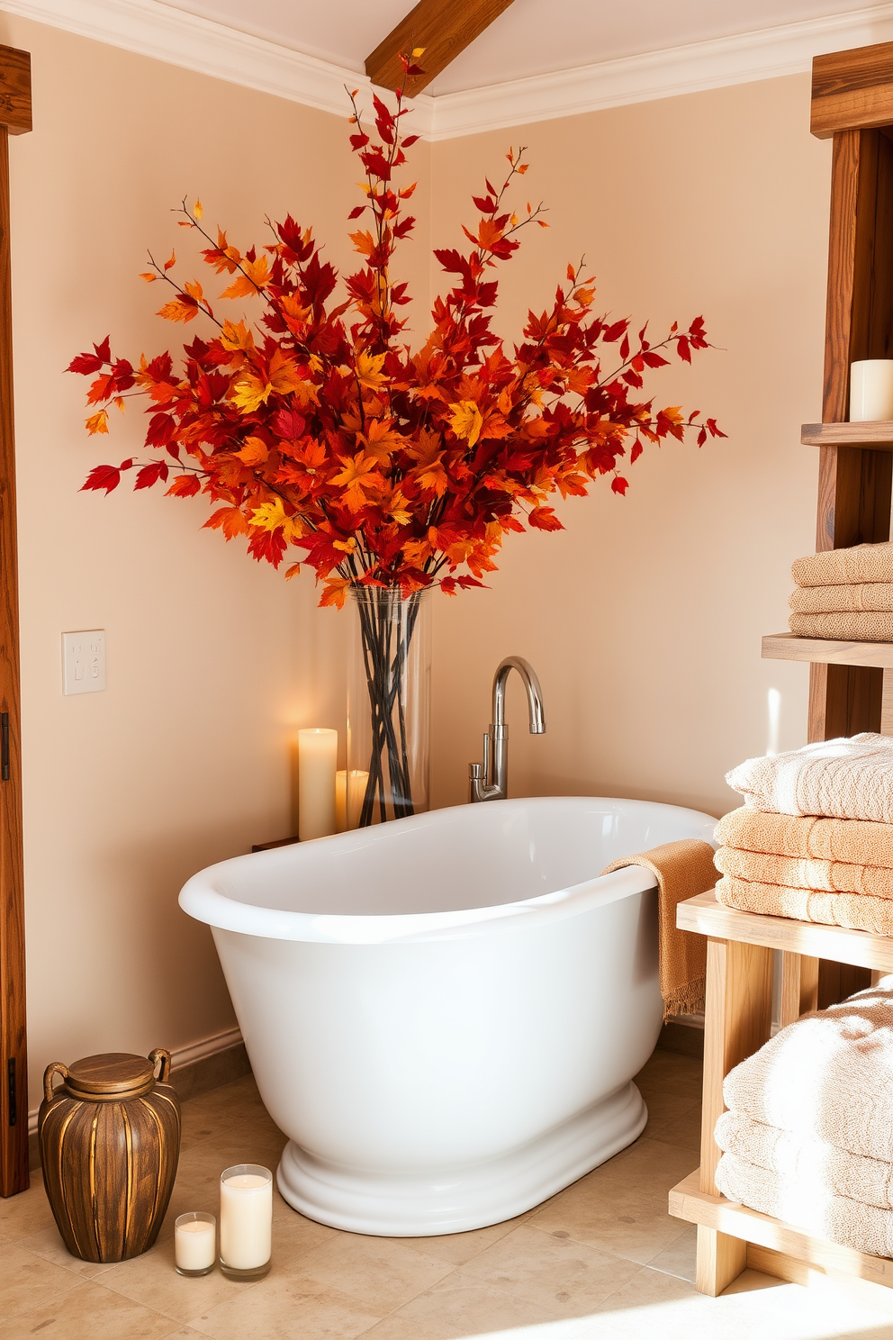 A cozy bathroom setting adorned with vibrant fall foliage in a vase that adds a splash of color. The warm tones of the leaves complement the soft beige walls and rustic wooden accents throughout the space. A freestanding bathtub sits elegantly in the center, surrounded by candles that create a serene atmosphere. Plush towels in earthy hues are neatly arranged on a nearby wooden shelf, enhancing the autumnal feel of the room.