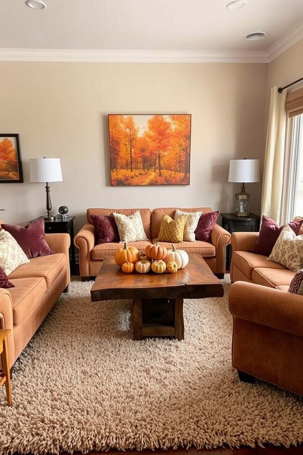 A cozy living room featuring a soft wool rug that adds warmth and texture to the space. Surrounding the rug are plush sofas in earthy tones, complemented by a rustic coffee table made of reclaimed wood. The walls are adorned with autumn-themed artwork, showcasing vibrant fall colors. A decorative arrangement of pumpkins and gourds sits on the table, enhancing the seasonal atmosphere.