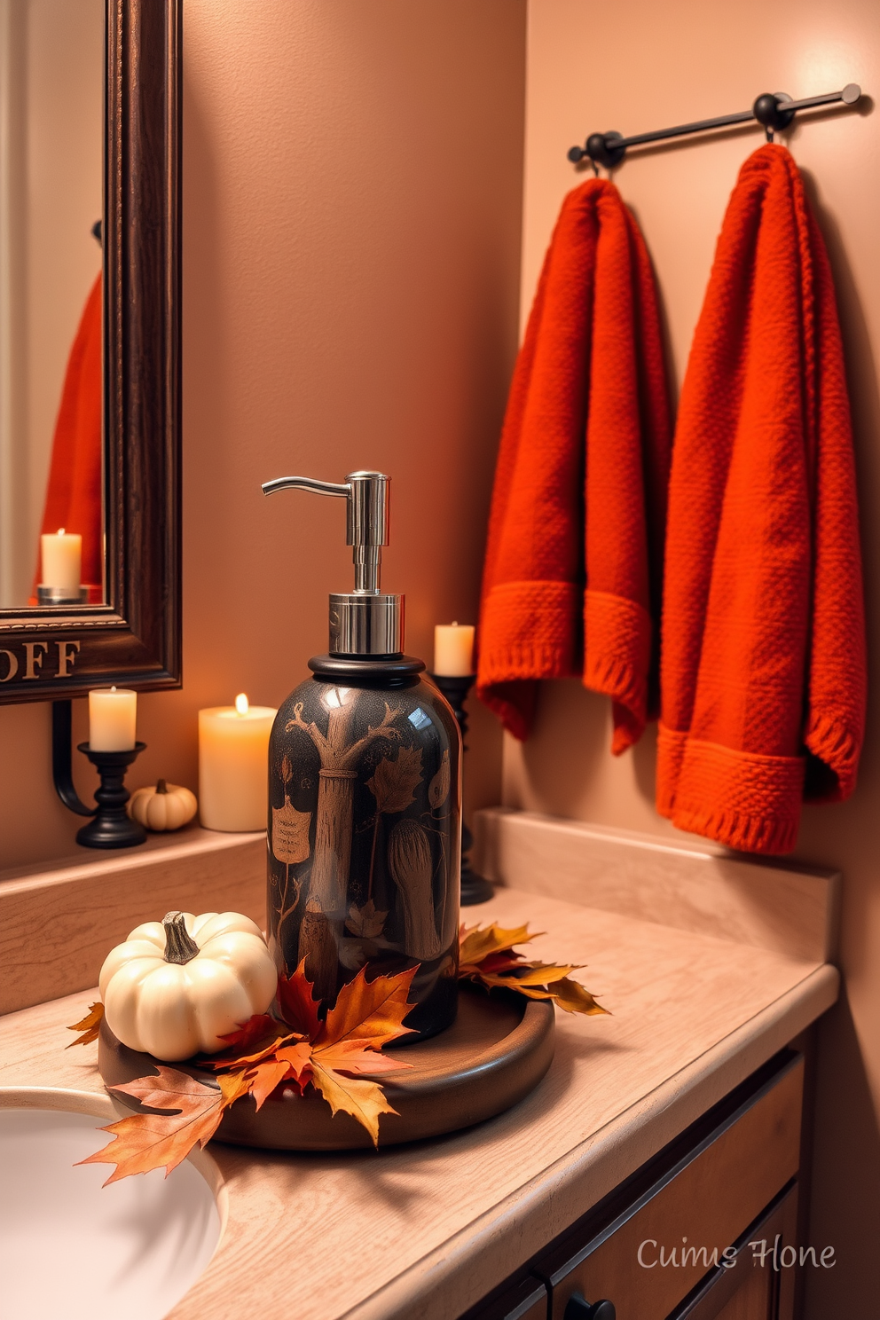 A charming harvest-themed soap dispenser sits on a rustic wooden countertop adorned with autumn leaves. The bathroom features warm, earthy tones with decorative pumpkins and candles creating a cozy, seasonal ambiance. The walls are painted in a soft beige, complemented by rich brown accents. Plush towels in deep orange hues hang neatly, enhancing the inviting fall atmosphere.