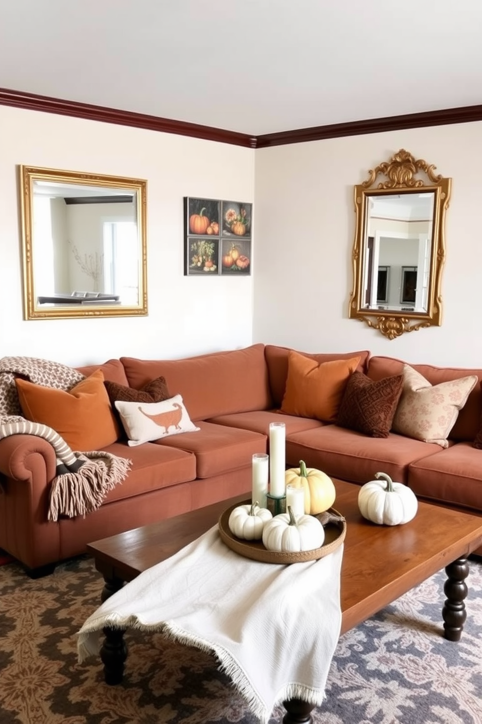 A cozy fall-themed living room. The space features a plush sectional sofa adorned with warm-toned throw pillows and a knitted blanket draped over the armrest. A large wooden coffee table sits in front of the sofa, decorated with a collection of pumpkins and a scented candle. The walls are painted in a soft cream color, and a gallery of autumn-themed artwork hangs above the sofa. Golden accents for a touch of elegance. A pair of elegant gold-framed mirrors are positioned on opposite walls, reflecting the warm glow of ambient lighting.