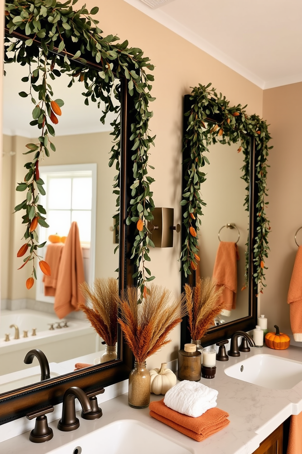 A cozy fall bathroom setting featuring eucalyptus garlands elegantly draped over large rectangular mirrors. The space is adorned with warm autumnal colors, including deep oranges and soft browns, complemented by plush towels and seasonal decorations.