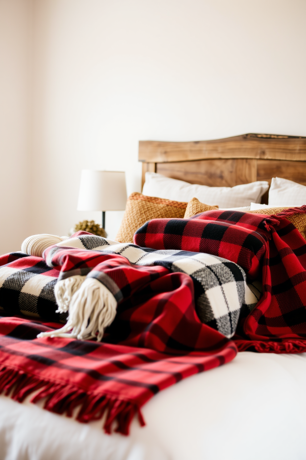 A cozy fall bedroom featuring warm plaid throw blankets layered together on a plush bed. The walls are painted in a soft cream color, and a rustic wooden headboard adds a touch of charm.