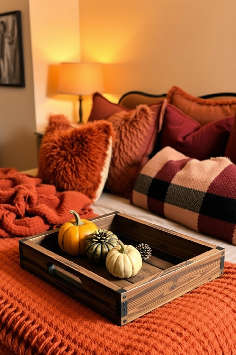 A cozy bedroom featuring rustic wooden trays on a bedside table for organization. The room is adorned with warm autumn colors, with plush blankets and pillows in shades of orange, brown, and deep red. Soft golden lighting creates an inviting atmosphere, highlighting the natural textures of the wooden trays. Seasonal decorations like small pumpkins and pinecones are tastefully arranged on the trays, enhancing the fall theme.