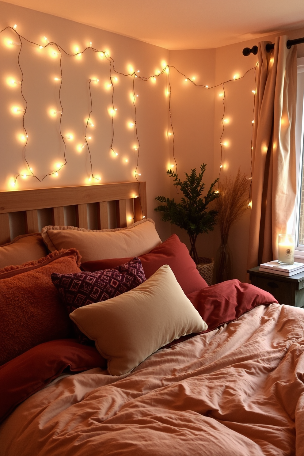 A cozy bedroom adorned with twinkling fairy lights that cast a soft glow throughout the space. The lights are draped elegantly along the headboard and around the window, creating a warm and inviting atmosphere. The bedding features rich textures in deep autumn colors, including a plush duvet and an assortment of decorative pillows. A rustic wooden bedside table holds a small stack of books and a scented candle, enhancing the seasonal charm.