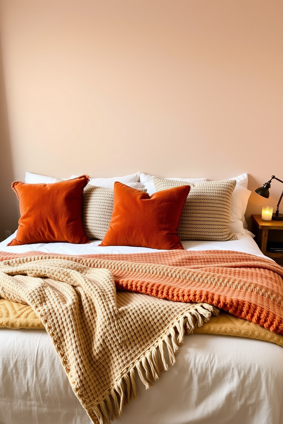 Textured cushions in various shades of deep orange and soft beige are arranged on a plush king-sized bed. A cozy knit throw is draped over the foot of the bed, complementing the warm autumnal palette. The walls are painted in a soft taupe, creating a serene backdrop for the room. A rustic wooden bedside table holds a small lamp with a warm glow, enhancing the inviting atmosphere.