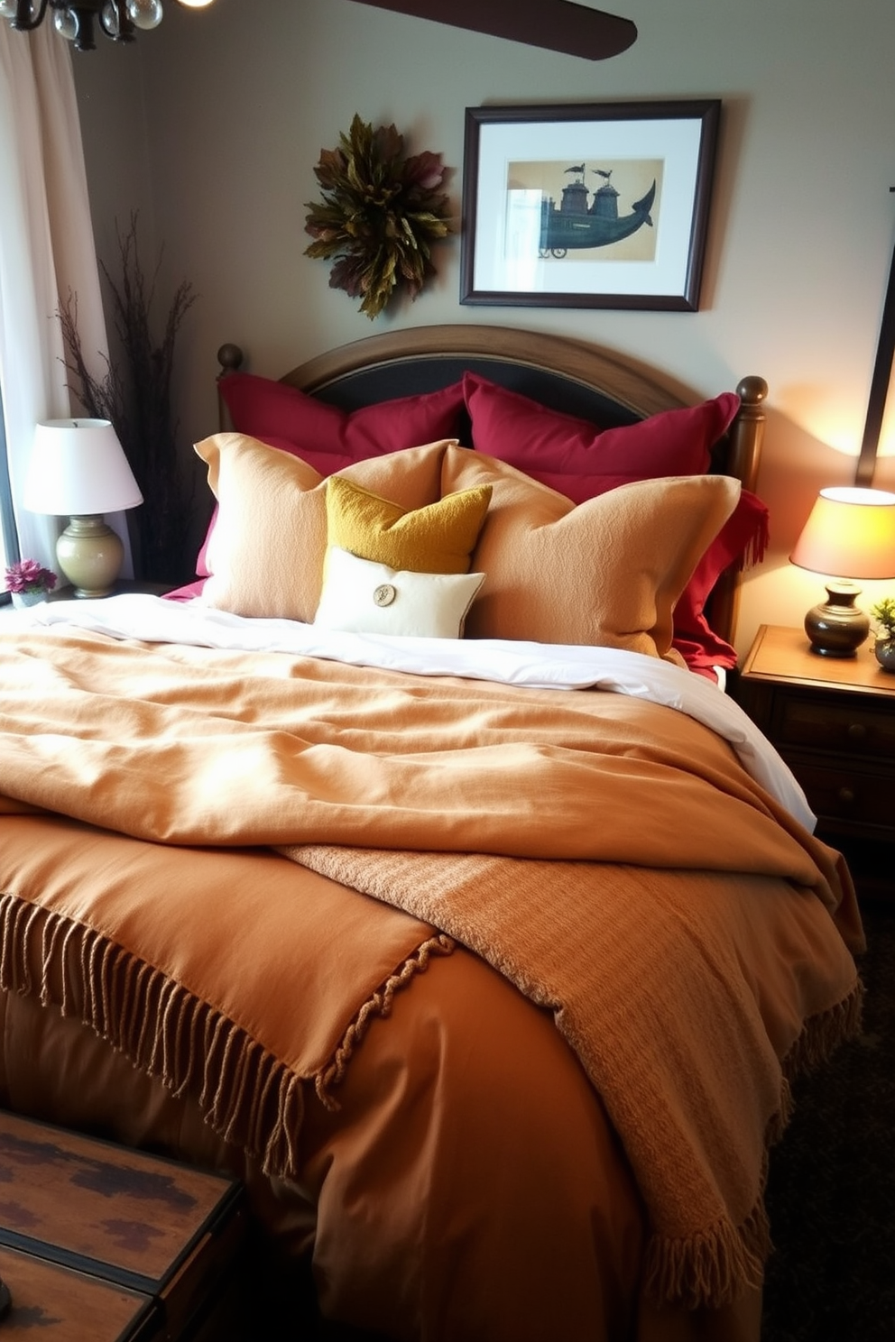 A cozy bedroom adorned with warm-toned bed linens in rich shades of rust and gold. The bed is layered with plush pillows and a soft throw blanket, creating an inviting atmosphere for the fall season. Surrounding the bed, a mix of wooden furniture adds a rustic charm. Soft ambient lighting from bedside lamps enhances the warmth of the room, making it a perfect retreat for autumn evenings.