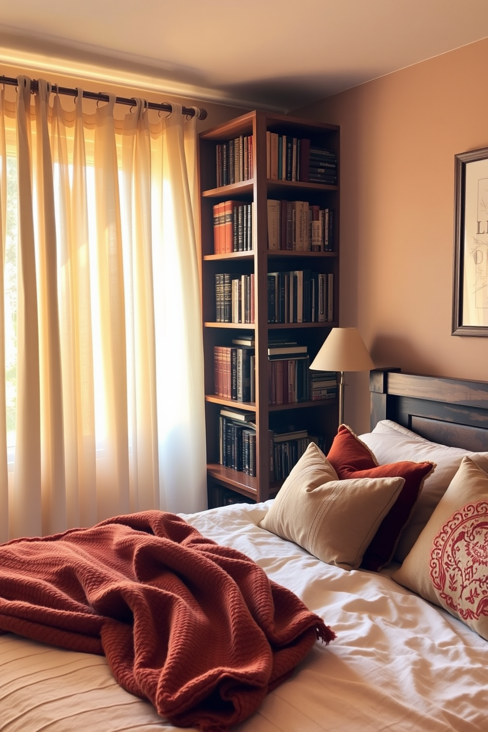 A cozy fall bedroom filled with vintage books on a rustic wooden bookshelf. Soft golden light filters through sheer curtains, illuminating a plush bed adorned with warm-toned blankets and decorative pillows.