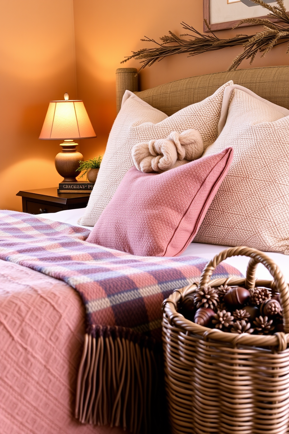 A cozy fall bedroom setting featuring natural elements like pinecones and acorns. The bed is adorned with a warm plaid blanket and soft, textured pillows, creating an inviting atmosphere. On the nightstand, a rustic wooden lamp casts a soft glow, while a small bowl of acorns adds a touch of nature. The walls are painted in a warm earth tone, and a woven basket filled with pinecones sits in the corner, enhancing the seasonal decor.