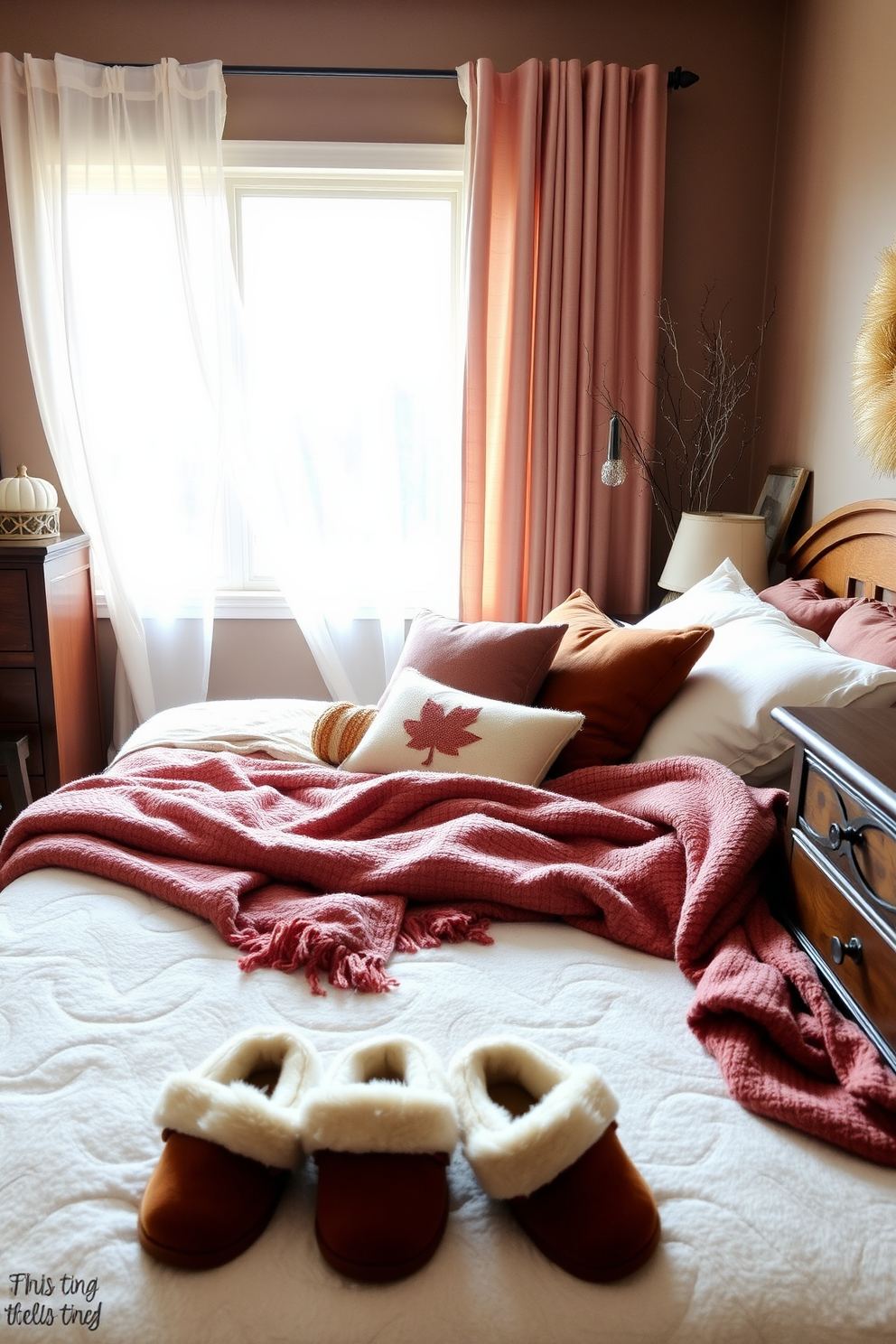 A cozy fall bedroom setting featuring a plush bed adorned with soft, warm blankets and an array of decorative pillows in autumn colors. Fuzzy slippers are placed neatly beside the bed, inviting relaxation and comfort in the inviting atmosphere. The walls are painted in a warm taupe hue, complementing the rich wooden furniture that includes a bedside table and a dresser. A large window lets in natural light, while sheer curtains gently flutter, enhancing the cozy ambiance of the space.