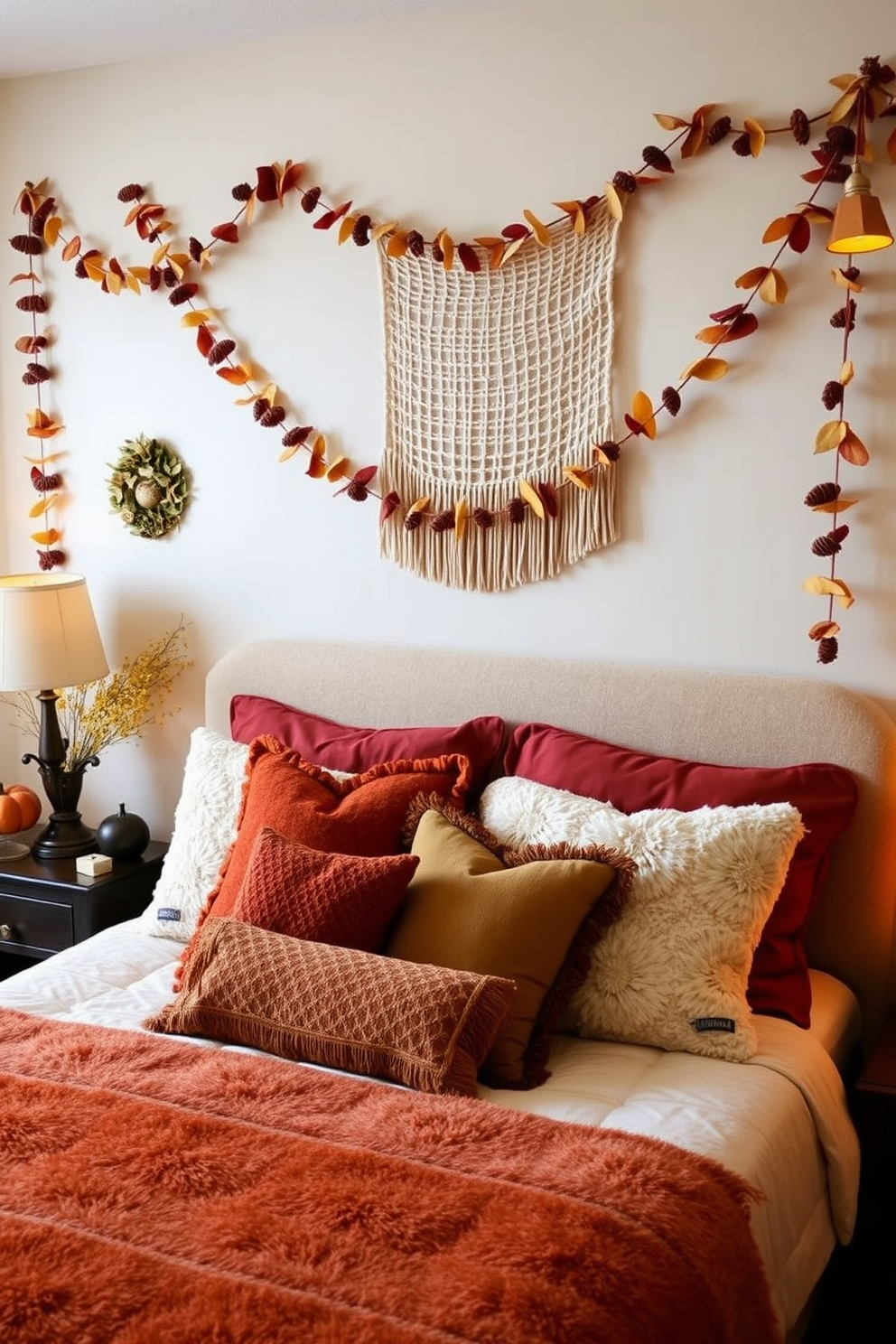 A cozy fall bedroom setting featuring autumn-inspired wall hangings and garlands. The walls are adorned with hand-crafted garlands made of dried leaves and pinecones, creating a warm and inviting atmosphere. A plush bed is dressed in rich, earthy tones with an assortment of textured pillows. Soft, ambient lighting from bedside lamps enhances the seasonal decor, making the space feel both relaxing and festive.