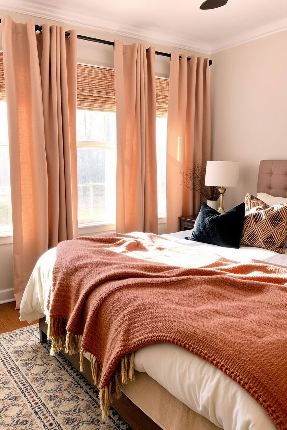 A cozy fall bedroom setting. The room features neutral curtains that let in natural light, creating a warm and inviting atmosphere. A plush bed is adorned with layered blankets in earthy tones. Decorative pillows in varying textures add depth and comfort to the space.