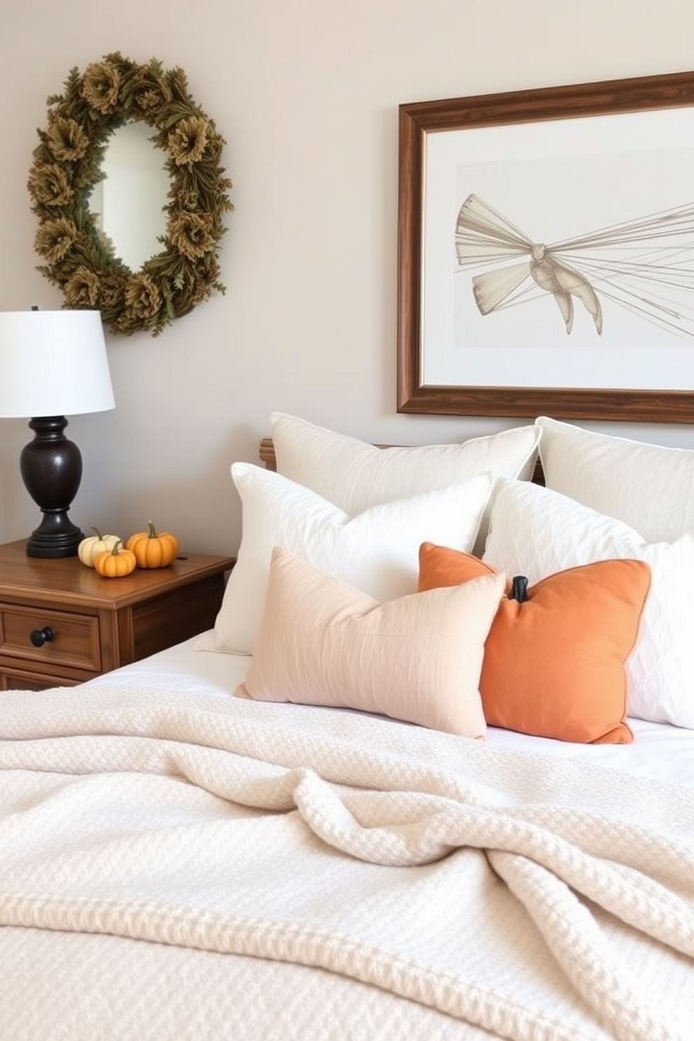 Soft pumpkin pillows for cozy accents create a warm and inviting atmosphere in your fall bedroom. Pair these pillows with a plush, neutral-colored throw blanket draped over the foot of the bed for added comfort. Incorporate rich autumn colors through a mix of textured fabrics and layered bedding. Consider adding a rustic wooden bedside table adorned with seasonal decor like small pumpkins or a candle arrangement.