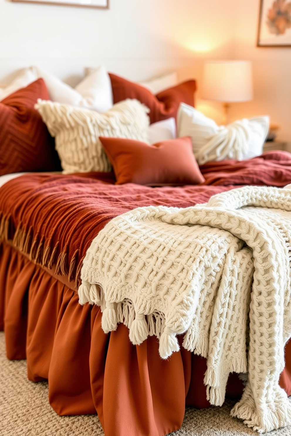 A cozy fall bedroom setting. The bed features layered bed skirts in rich, warm tones, creating depth and inviting comfort. Plush throw pillows in various textures are scattered across the bed. A soft, chunky knit blanket drapes over the side, enhancing the seasonal charm.