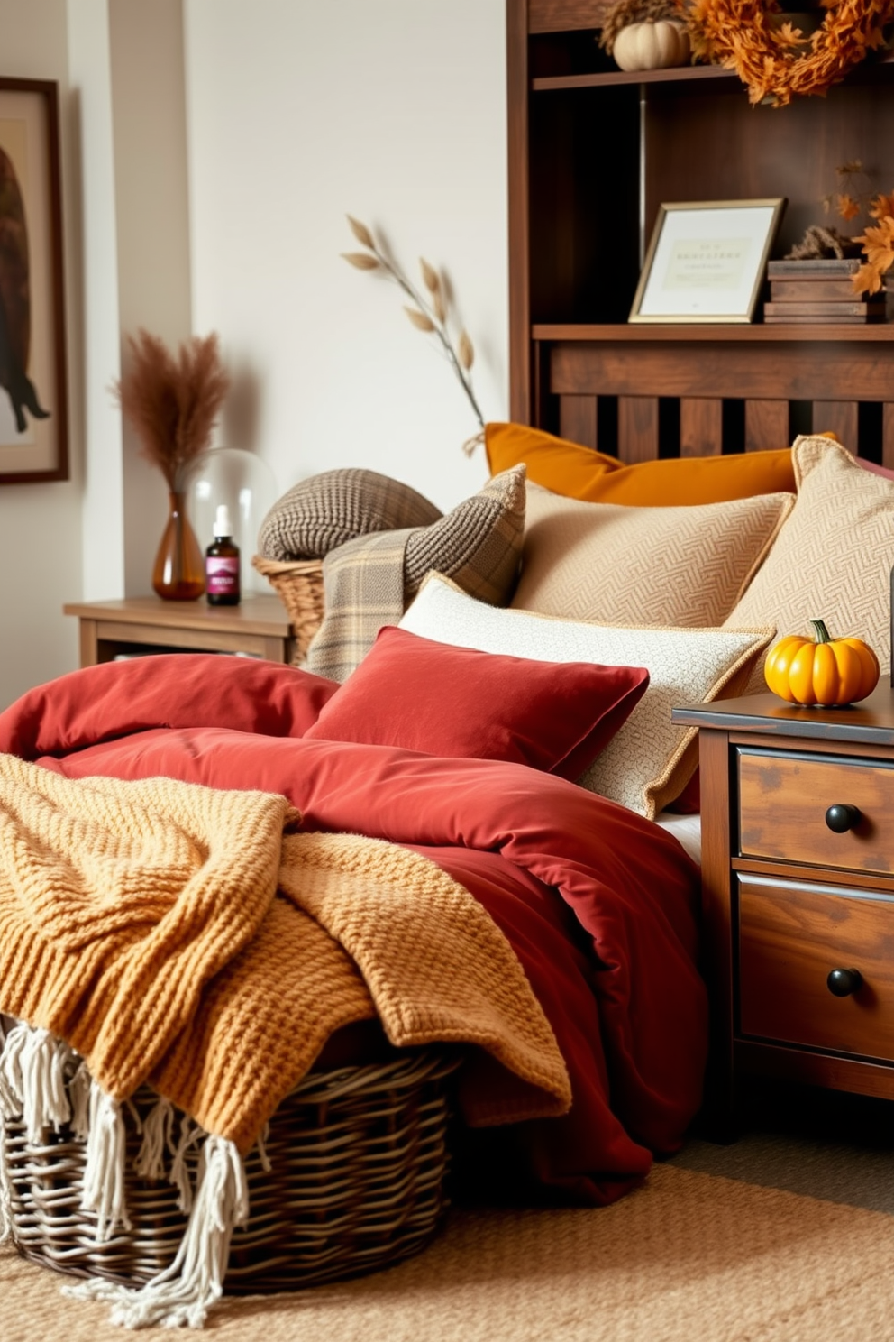 A cozy fall bedroom setting featuring warm earthy tones. Plush bedding in shades of rust and mustard complements the wooden furniture and soft knitted throws. Essential oil diffusers are placed strategically around the room, filling the air with seasonal scents like cinnamon and clove. A decorative basket holds cozy blankets, while a small pumpkin sits on the nightstand for a touch of autumn charm.