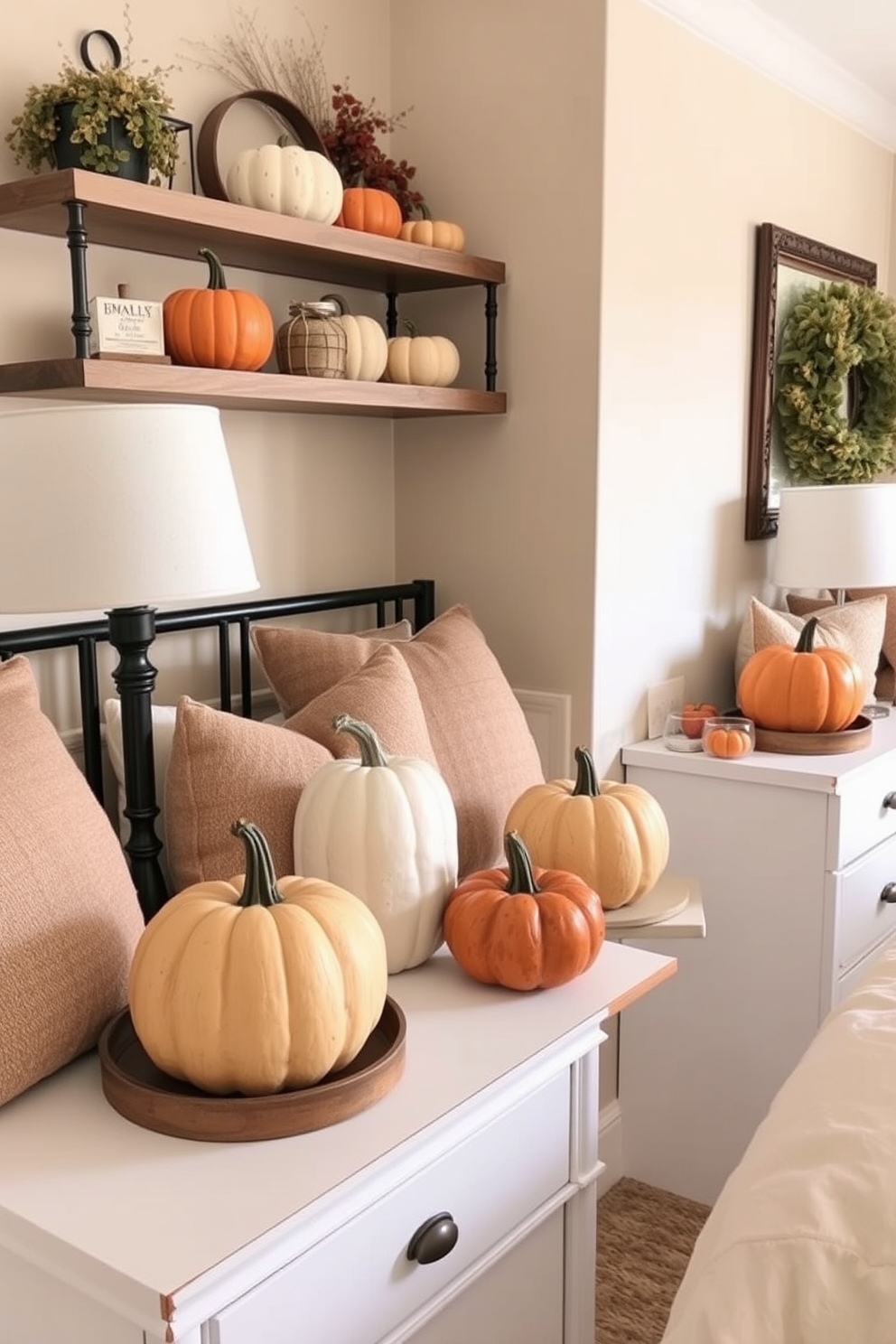 A cozy fall bedroom setting featuring decorative pumpkins placed on nightstands and shelves. The room is adorned with warm, earthy tones and soft textiles, creating an inviting atmosphere for the season.