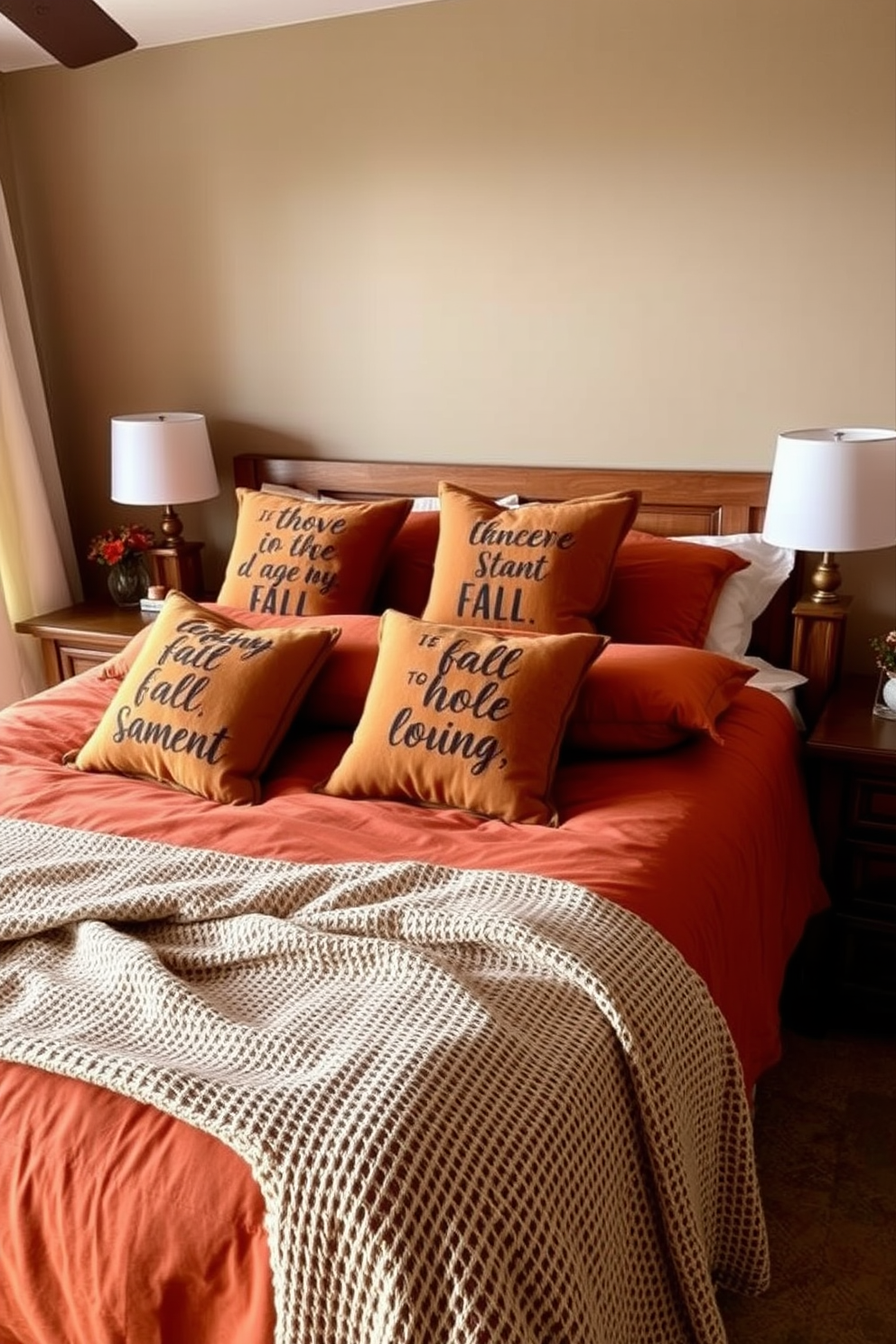 Cozy fall-themed throw pillows adorned with inspirational quotes are scattered across a plush, oversized bed. The bedding features warm tones of orange and brown, creating an inviting atmosphere perfect for autumn nights. The bedroom is decorated with soft lighting from bedside lamps, casting a gentle glow on the rich wooden furniture. A woven blanket drapes over the foot of the bed, adding texture and warmth to the overall design.