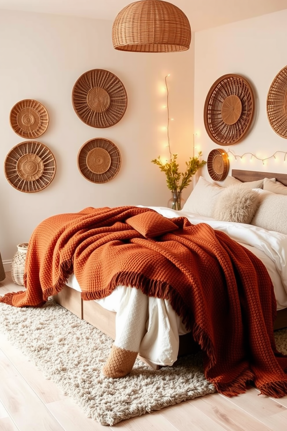 A cozy fall bedroom featuring woven wall baskets used for decorative storage. The baskets are artfully arranged on the walls, adding texture and warmth to the space. The bed is adorned with layers of soft, textured blankets in autumn hues of orange and deep brown. A plush area rug in neutral tones anchors the room, while golden-hued fairy lights create a warm, inviting atmosphere.