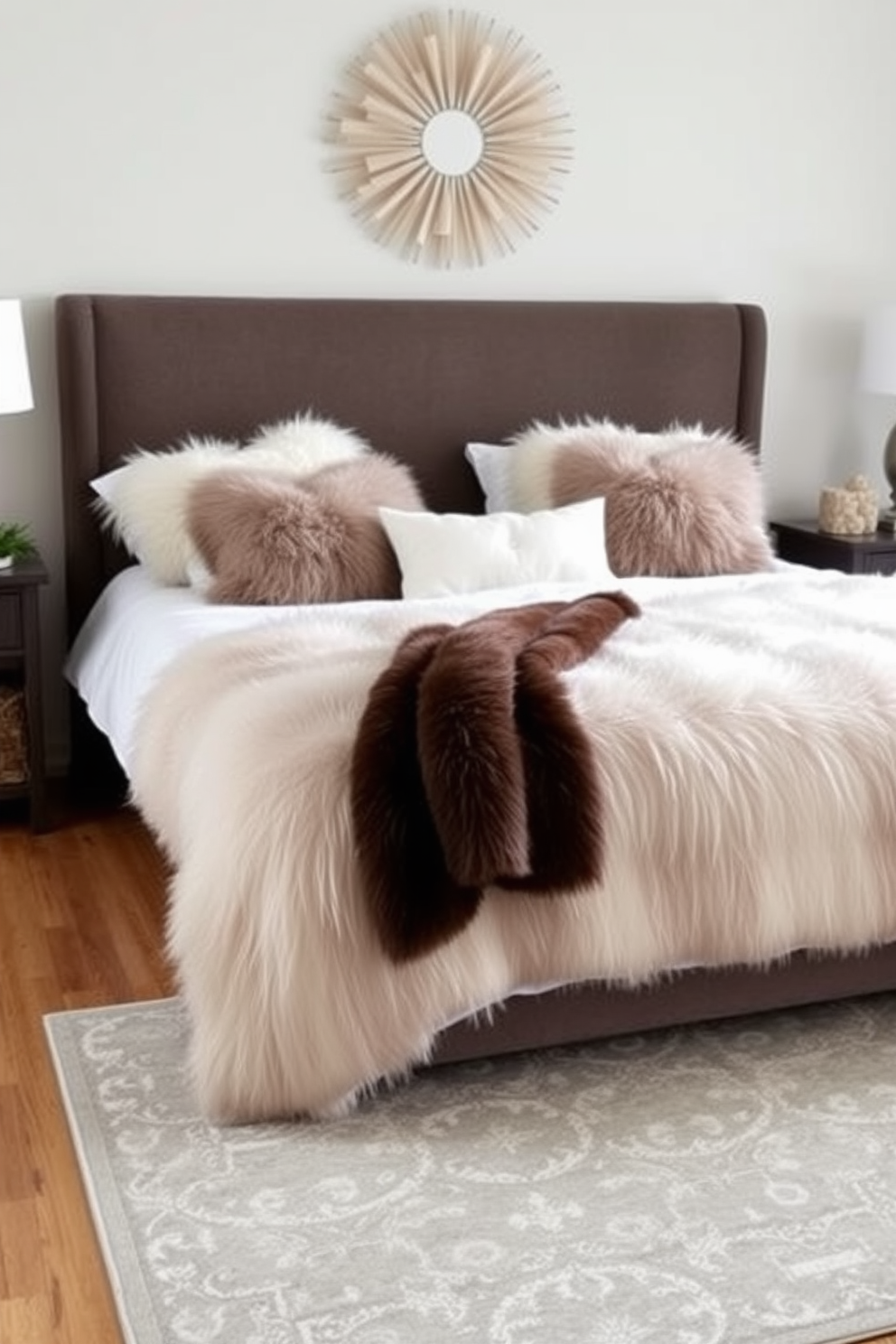 A cozy bedroom featuring soft faux fur accents that add warmth and style. The bed is adorned with a plush faux fur throw and matching pillows, creating an inviting atmosphere. The walls are painted in a soft, neutral tone that complements the bedding. A stylish area rug with a subtle pattern lies beneath the bed, enhancing the overall comfort of the space.