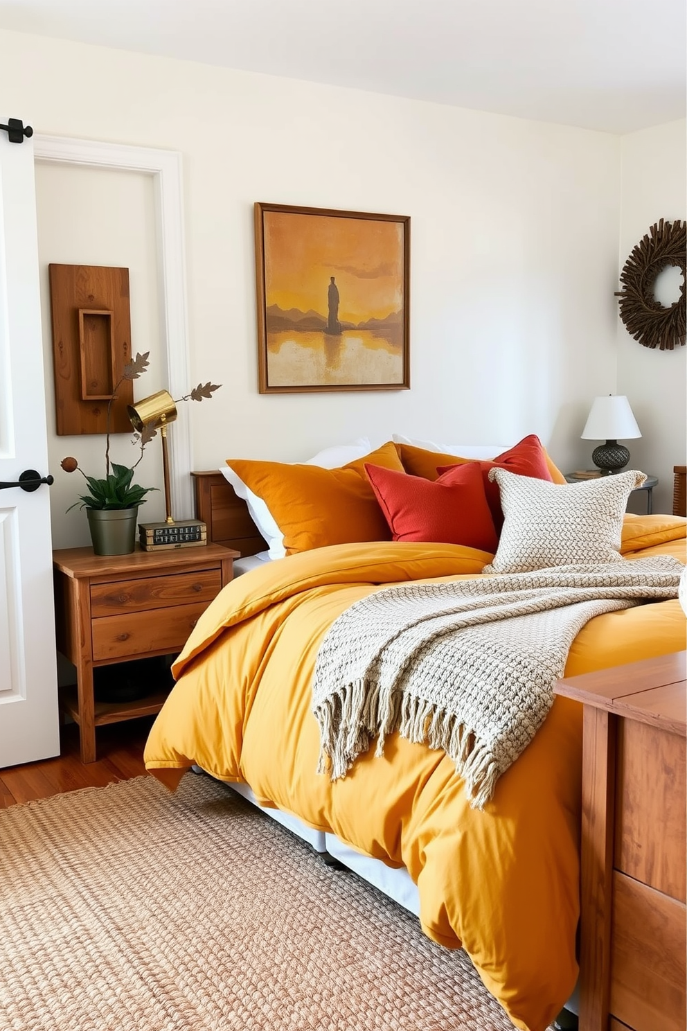 A cozy fall bedroom featuring a warm color palette with mustard and rust accents. The walls are painted in a soft cream, creating a welcoming backdrop for the rich tones of the bedding and decor. A plush mustard-colored duvet covers the bed, complemented by rust-colored throw pillows and a chunky knit blanket. Natural wood furniture adds warmth, while a woven rug in earthy tones anchors the space.