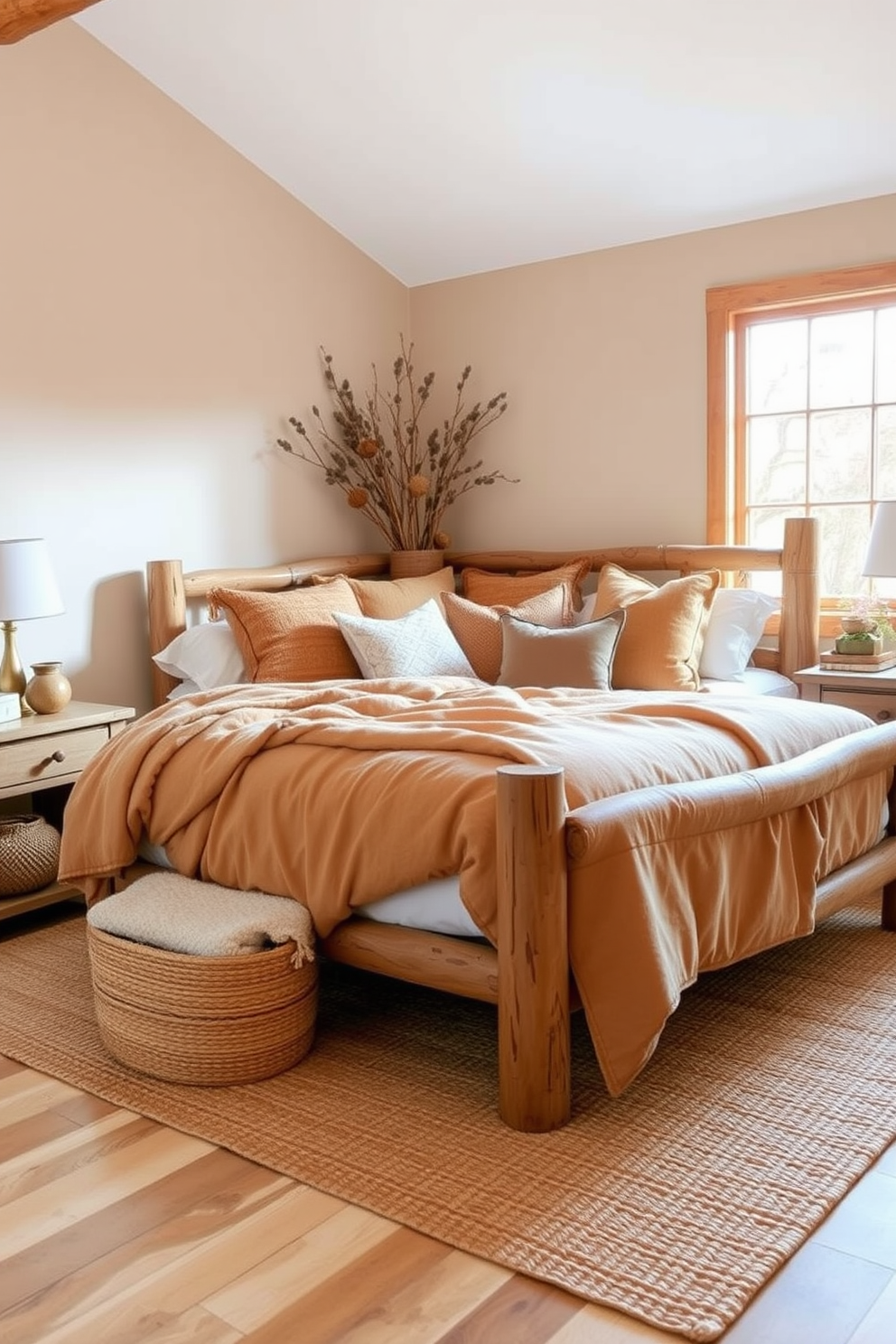 A cozy fall bedroom setting featuring natural wood accents throughout the space. The bed is adorned with warm-toned blankets and an array of plush pillows, creating an inviting atmosphere. The walls are painted in a soft beige, complementing the rustic wooden bed frame and side tables. A woven rug lies beneath the bed, and a large window lets in soft, golden light, enhancing the autumnal vibe.