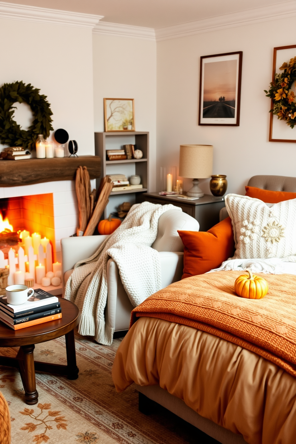 A cozy living room featuring hygge-inspired decor. Soft neutral colors dominate the space with plush textiles, including a large knitted throw draped over a comfortable armchair. The room has a warm ambiance with a flickering fireplace and a collection of candles scattered around. A wooden coffee table holds a stack of books and a steaming mug of tea, inviting relaxation and comfort. For the fall bedroom, the decor incorporates rich autumnal hues. A plush comforter in deep orange and gold tones covers the bed, complemented by an array of textured pillows. The walls are adorned with nature-inspired artwork, and a soft area rug in warm tones adds to the inviting atmosphere. A bedside table holds a small pumpkin and a scented candle, enhancing the seasonal charm.