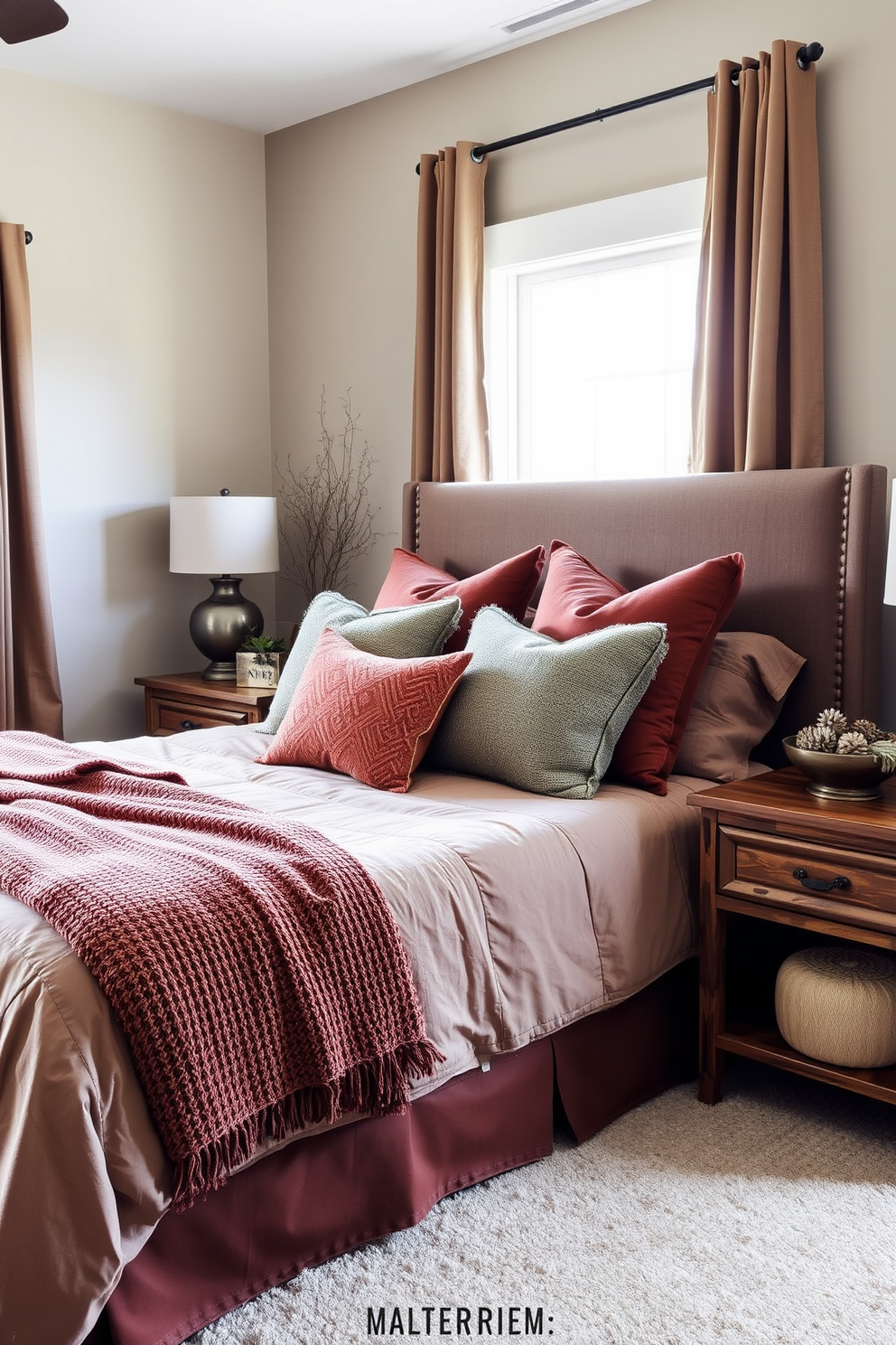 A serene fall bedroom setting featuring muted earth tones throughout the space. The walls are painted in a soft taupe shade, complemented by warm brown accents in the bedding and curtains. A plush king-sized bed is adorned with a mix of textured throws and pillows in shades of rust and olive green. A rustic wooden nightstand holds a cozy lamp and a small decorative bowl filled with seasonal pinecones.